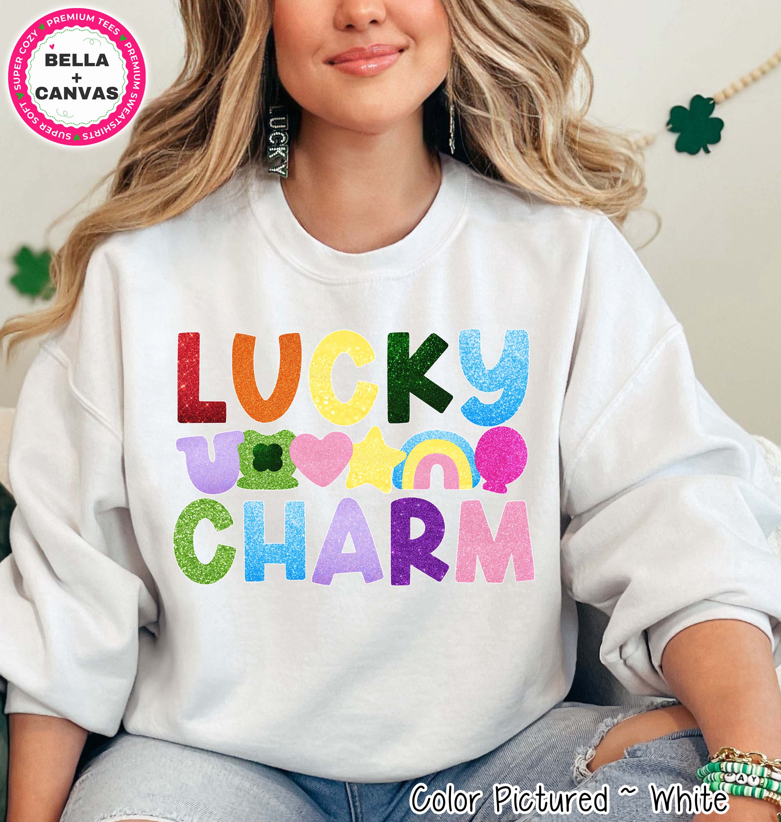 Lucky Charm Faux Glitter St Patricks Day Tee or Sweatshirt