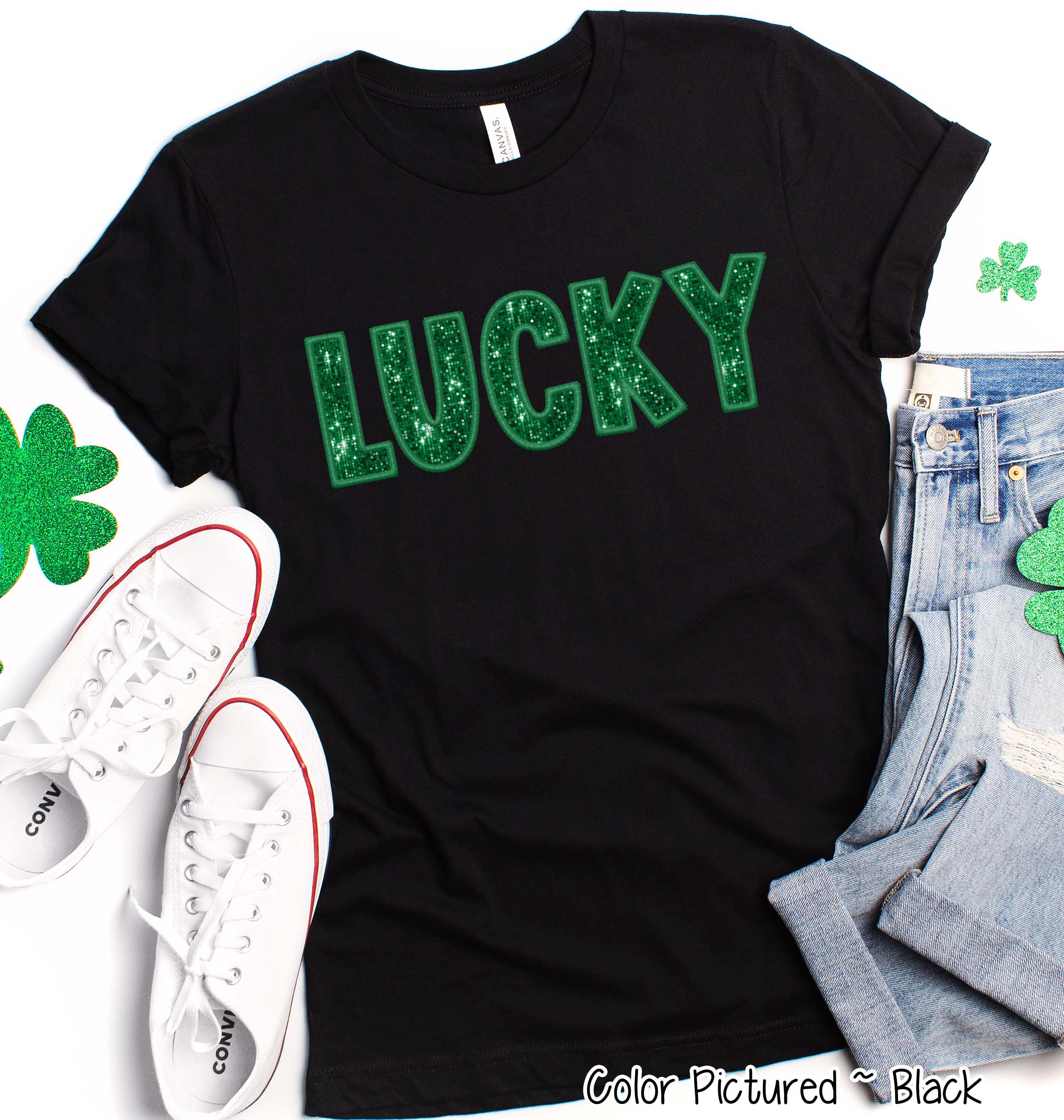 Lucky Faux Glitter Patch St Patricks Day Tee or Sweatshirt