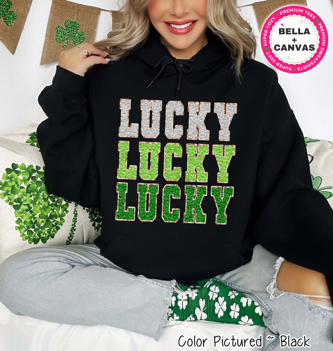 Lucky Faux Chenille Patch St Patricks Day Tee or Sweatshirt