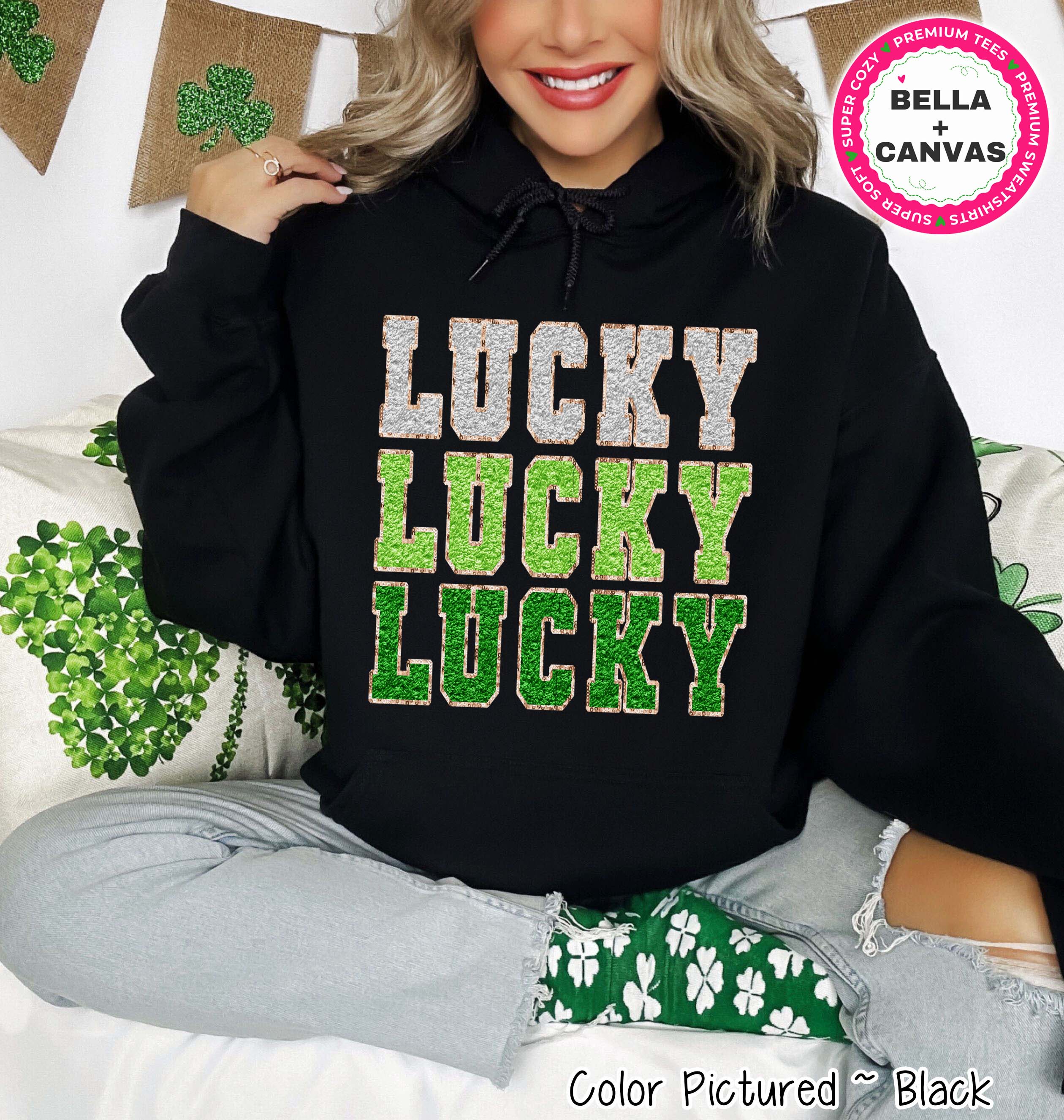 Lucky Faux Chenille Patch St Patricks Day Tee or Sweatshirt