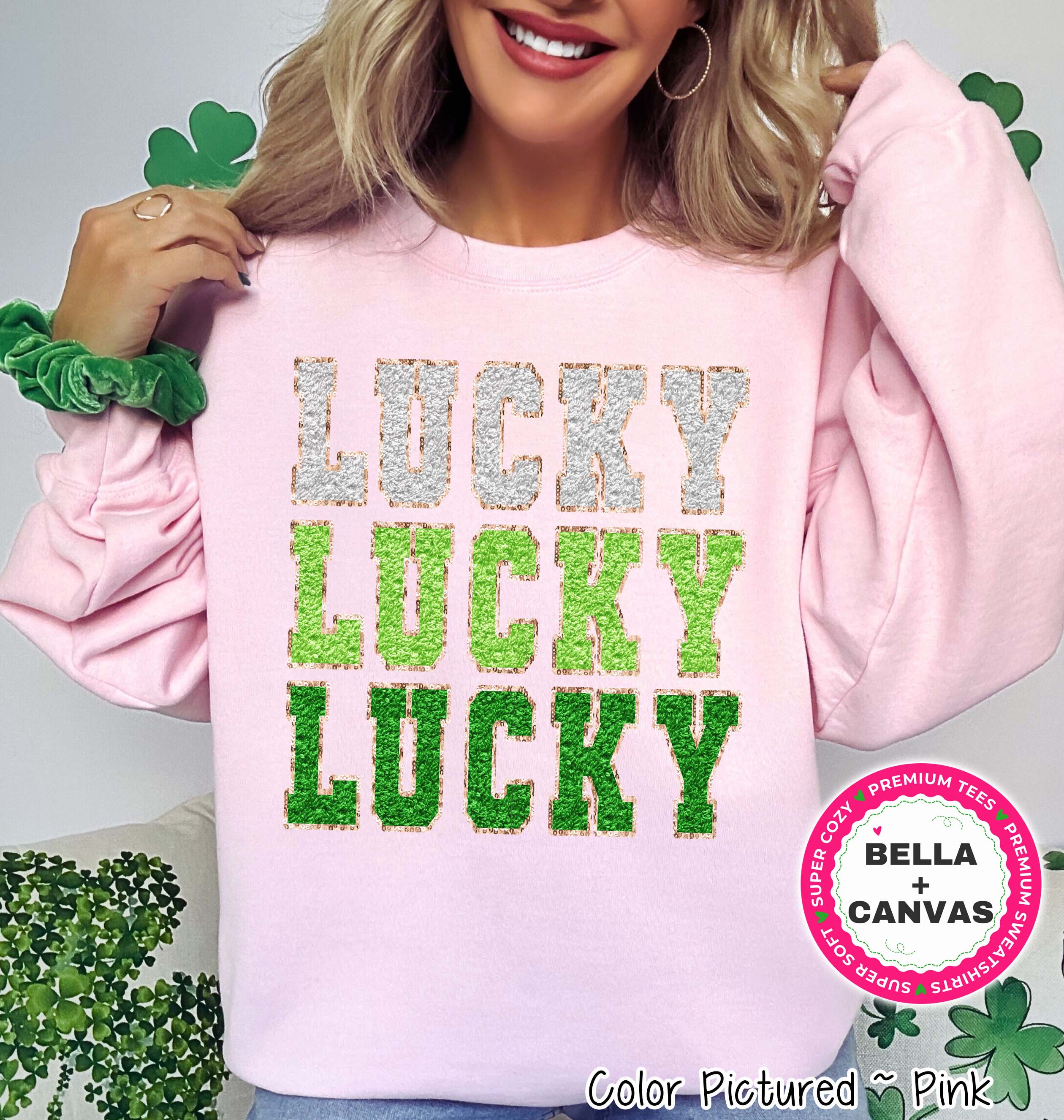 Lucky Faux Chenille Patch St Patricks Day Tee or Sweatshirt