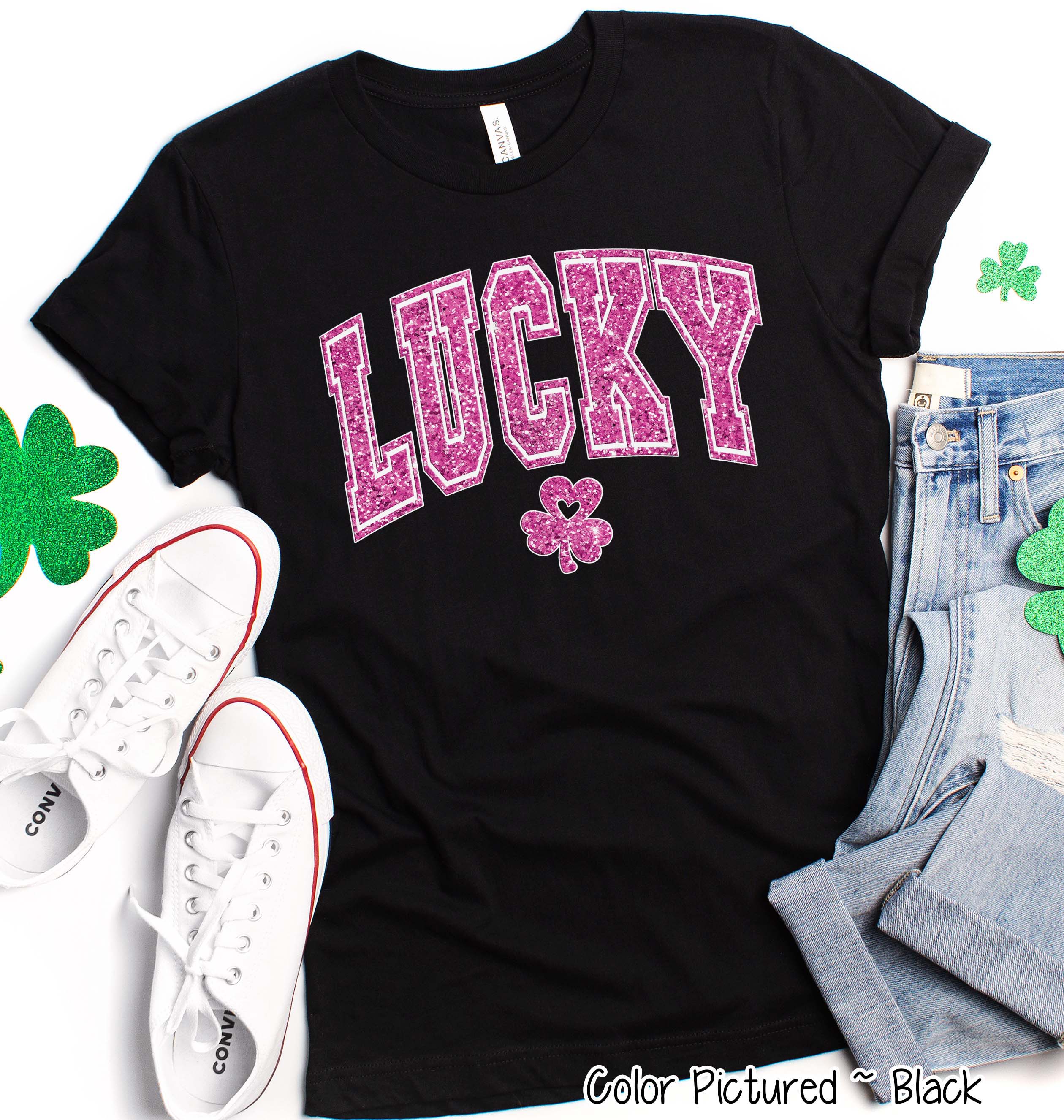 Pink Faux Glitter Lucky St Patricks Day Tee or Sweatshirt