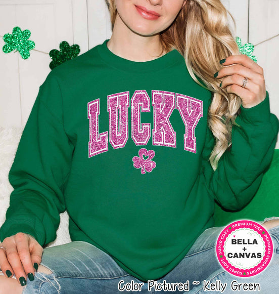 Pink Faux Glitter Lucky St Patricks Day Tee or Sweatshirt