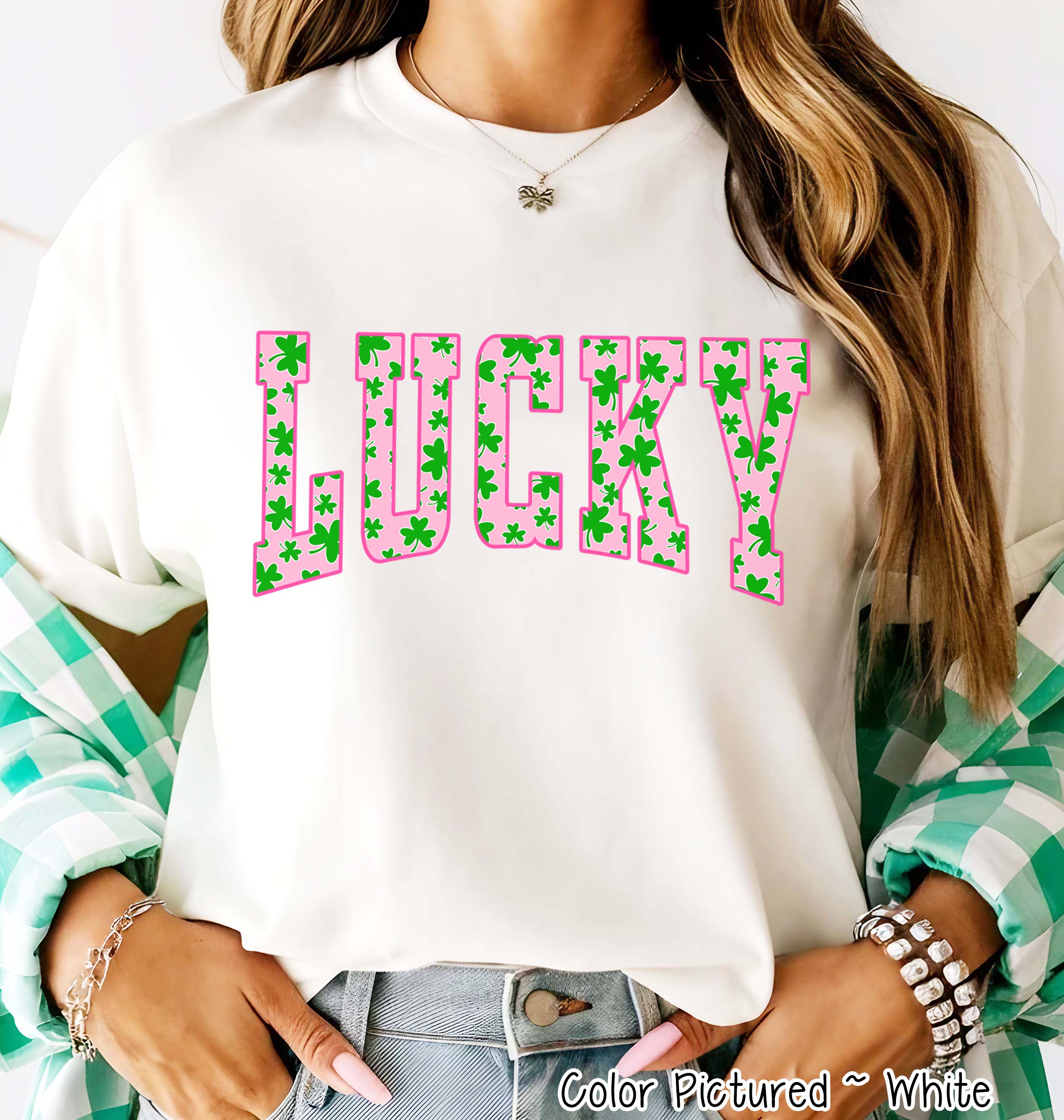 Pink Lucky Shamrock St Patricks Day Tee or Sweatshirt