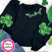 Faux Glitter Lucky with Shamrock Arm Patches St Patricks Day Tee or Sweatshirt