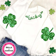 Faux Glitter Lucky with Shamrock Arm Patches St Patricks Day Tee or Sweatshirt