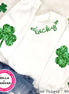Faux Glitter Lucky with Shamrock Arm Patches St Patricks Day Tee or Sweatshirt
