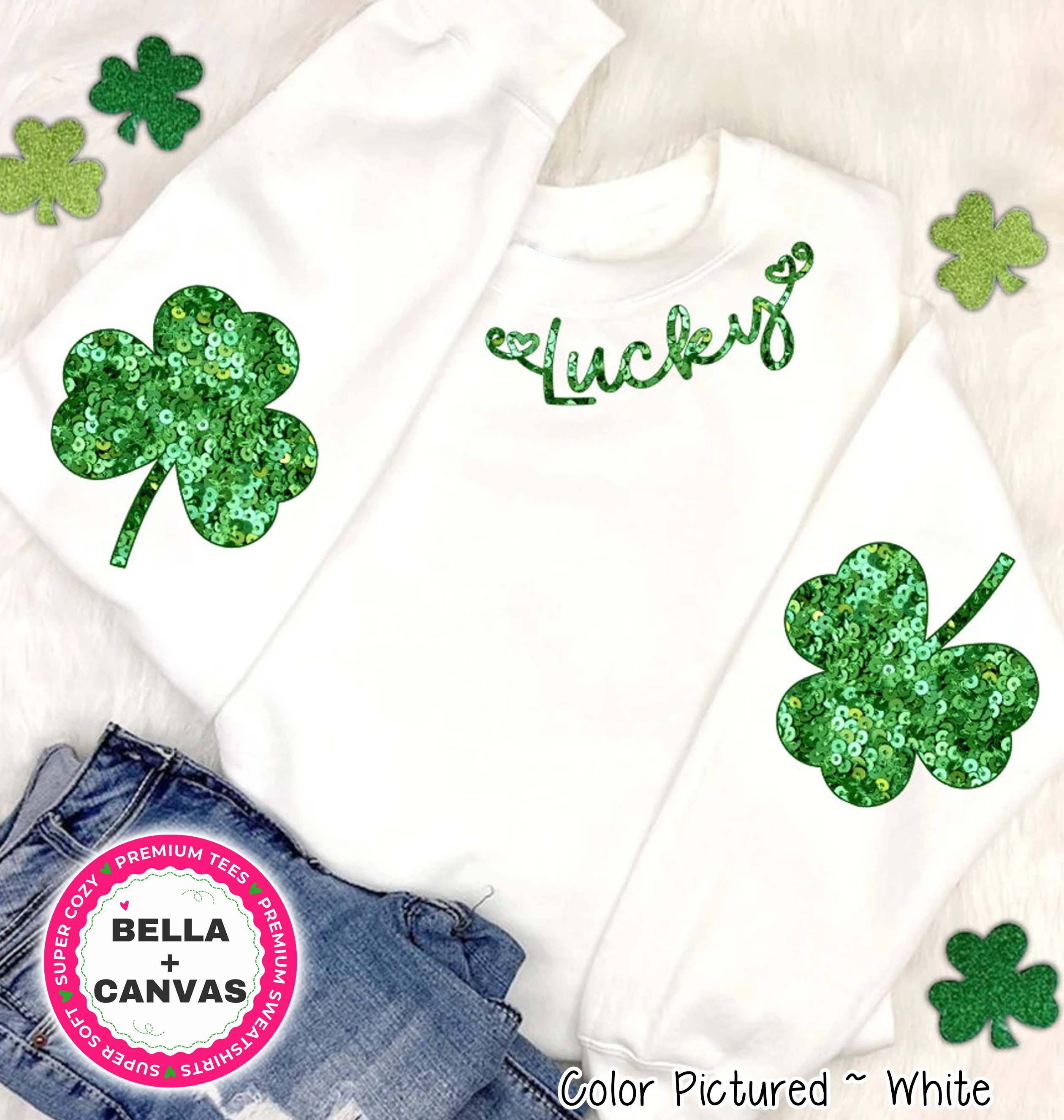 Faux Glitter Lucky with Shamrock Arm Patches St Patricks Day Tee or Sweatshirt
