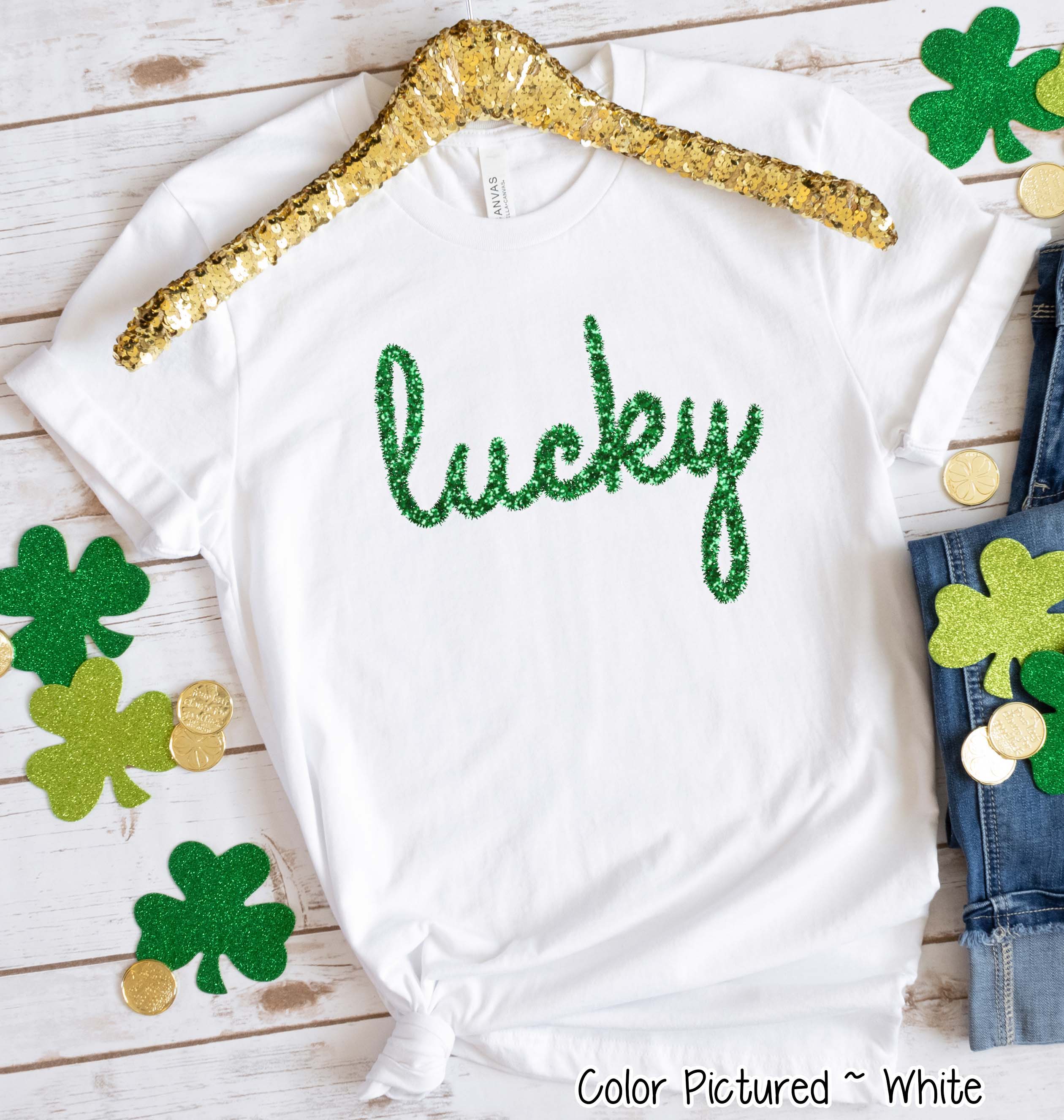 Lucky Faux Tinsel St Patricks Day Tee or Sweatshirt