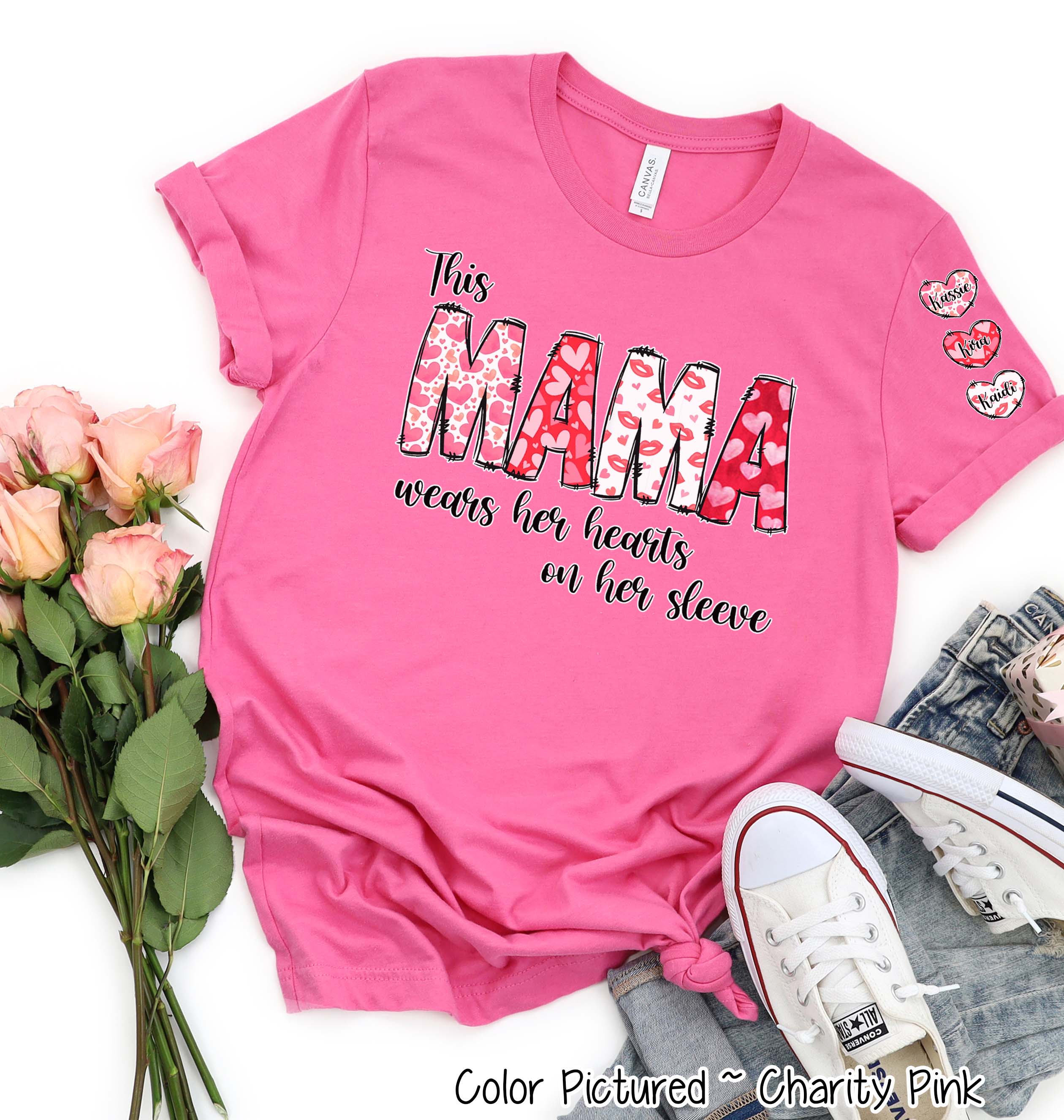 This Mama Wears Her Hearts on Her Sleeve Valentine Tee or Sweatshirt