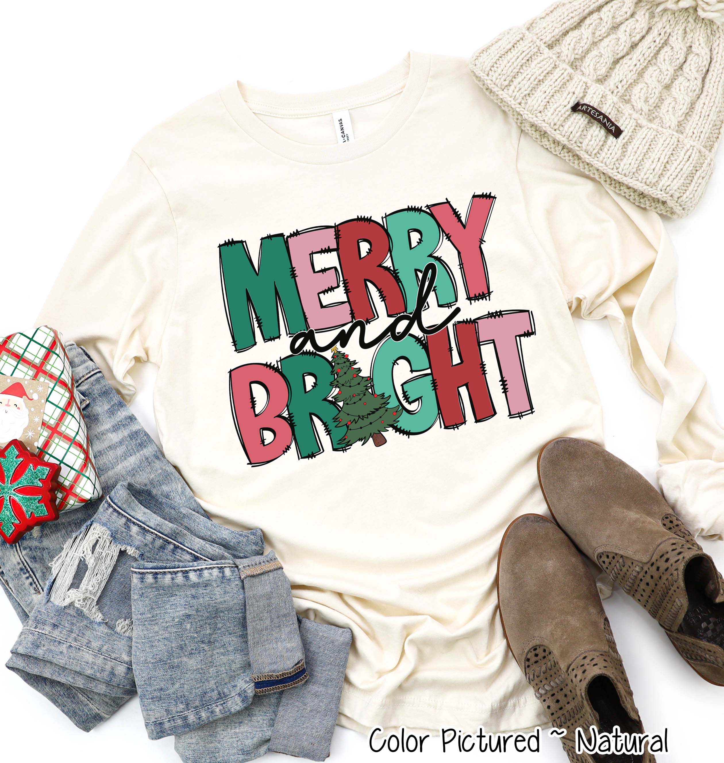 Merry & Bright Doodle Christmas Tee or Sweatshirt