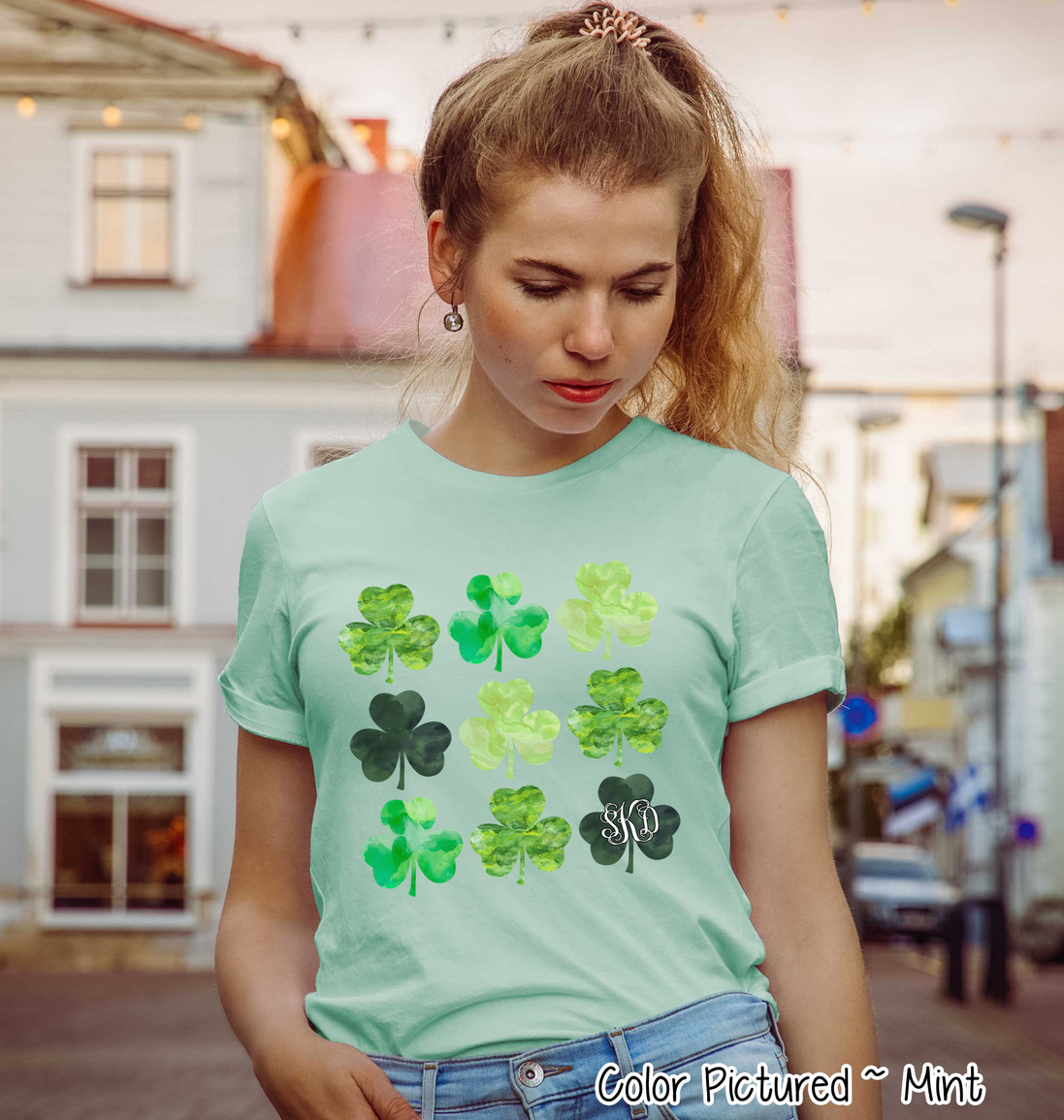 Monogram Watercolor Shamrocks St Patricks Day Tee
