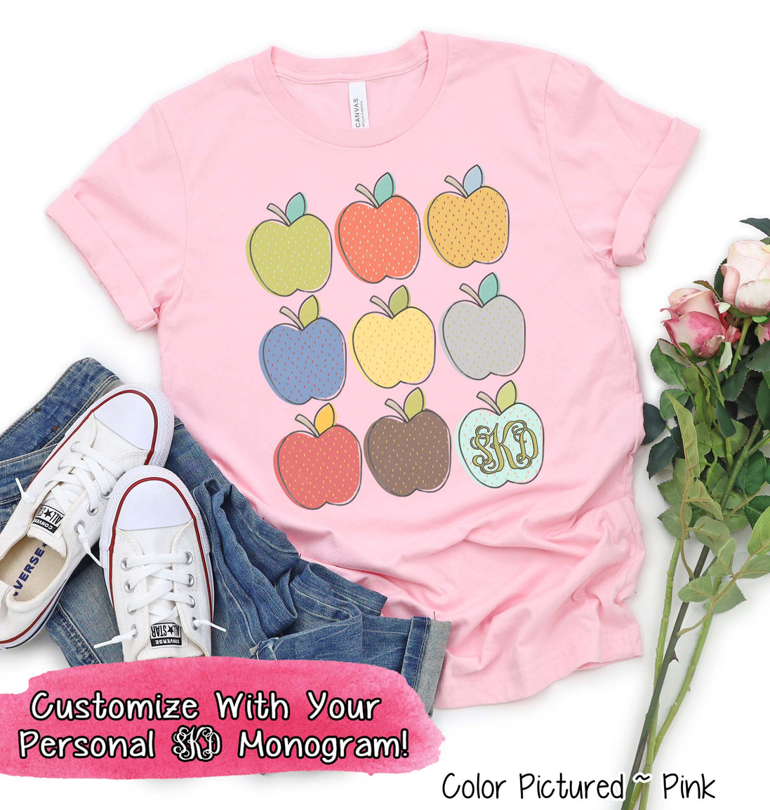 Monogram Apple Grid Back To School Student and Teacher Tee
