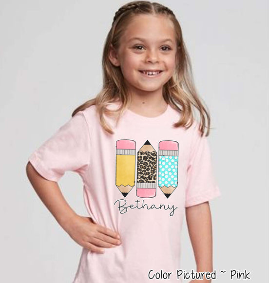 Personalized Pencil Trio Back To School Name Tee