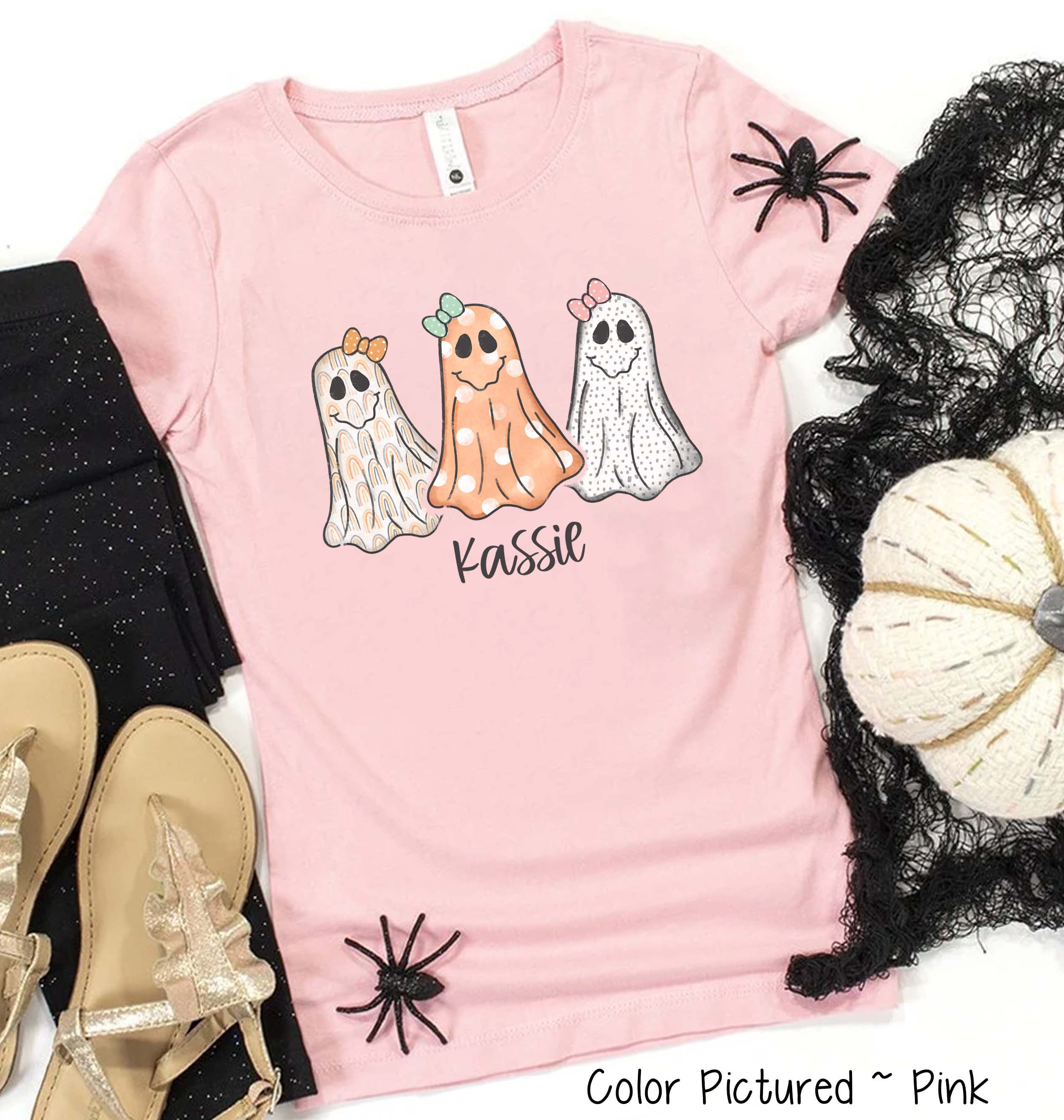 Personalized Bow Ghost Trio with Custom Name Halloween Tee