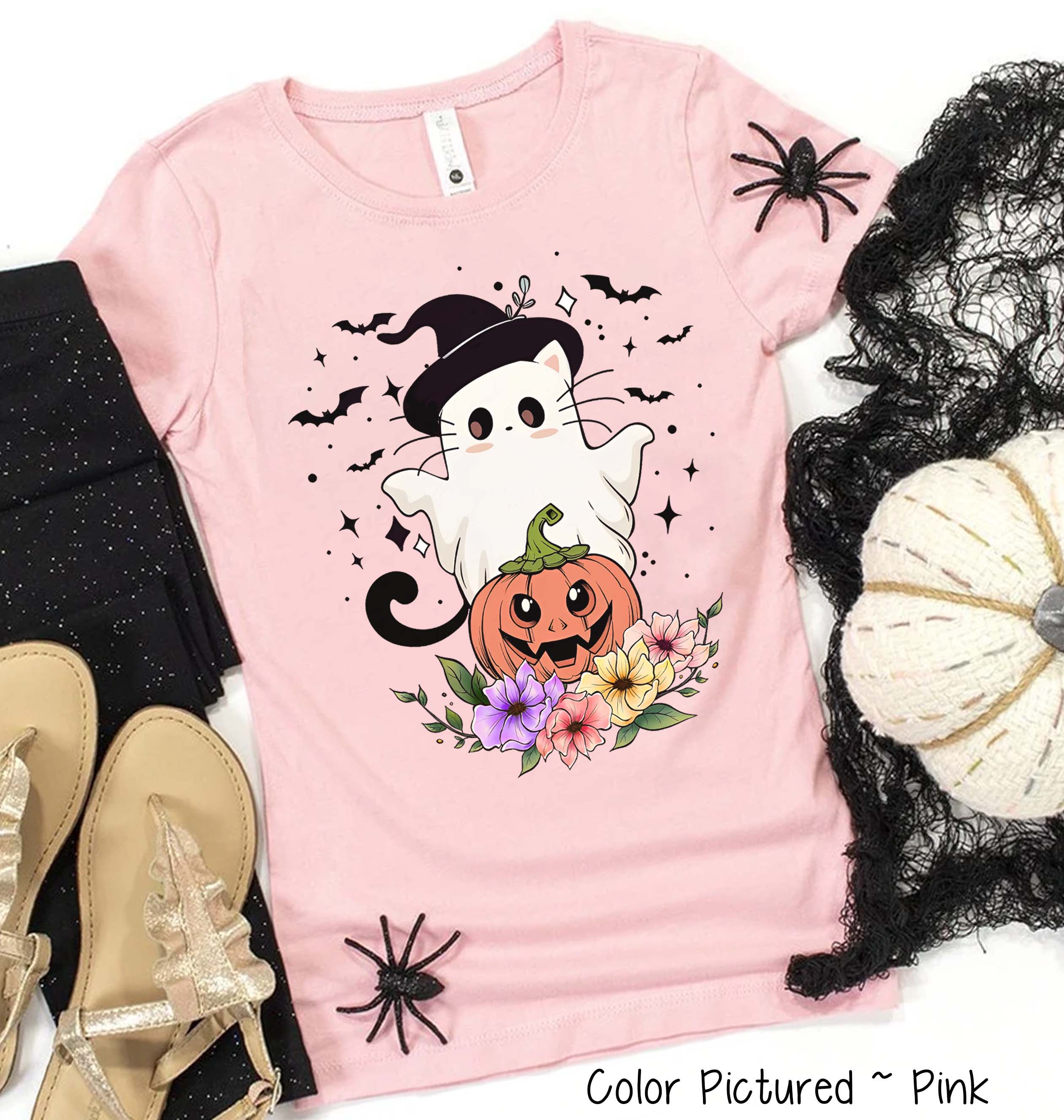 Cute Cat Floral Ghost Halloween Tee