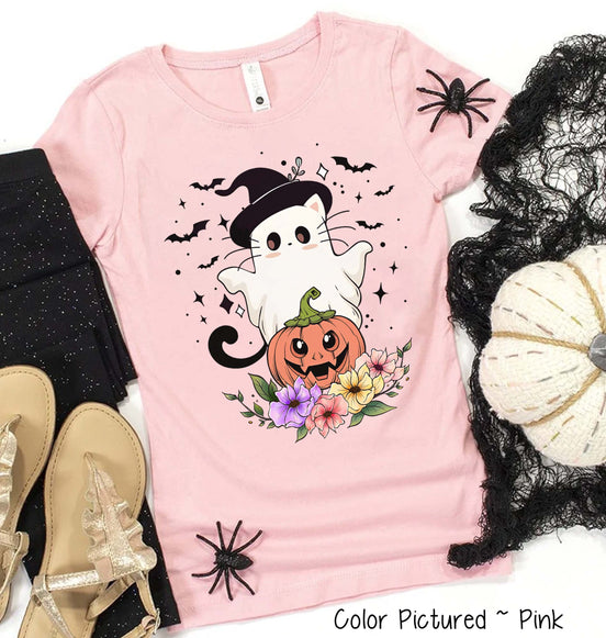 Cute Cat Floral Ghost Halloween Tee