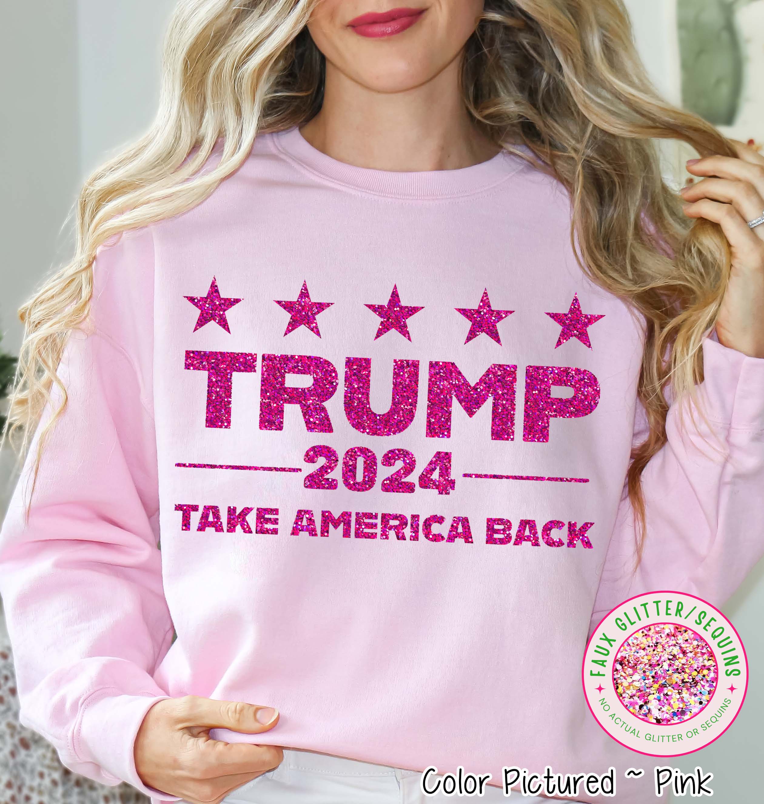 Faux Glitter Pink Trump 2024 Political Tee or Sweatshirt