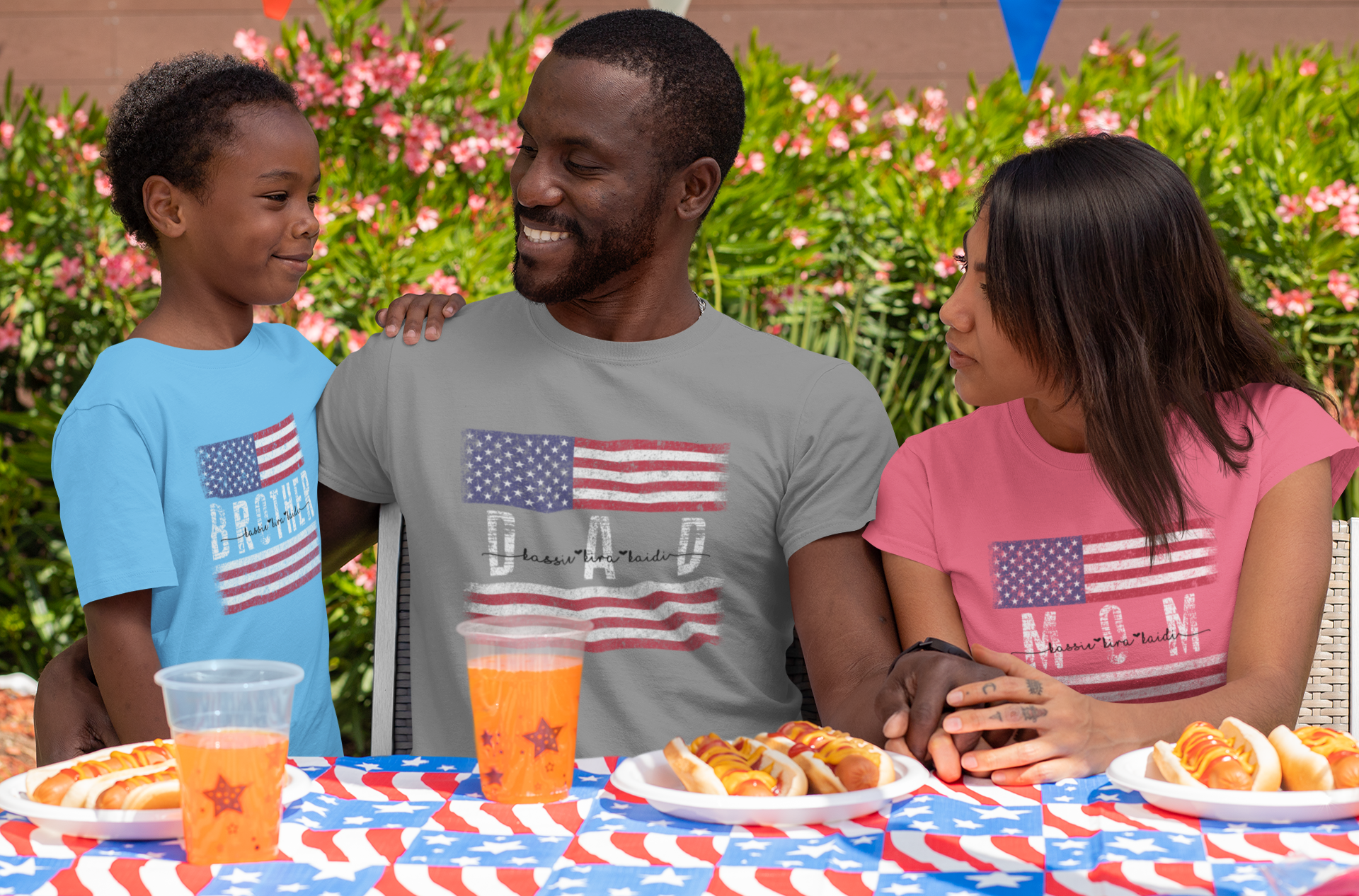 Custom Distressed White Patriotic Flag with Dad, Mom, Grandpa Etc and Kids Names Tee