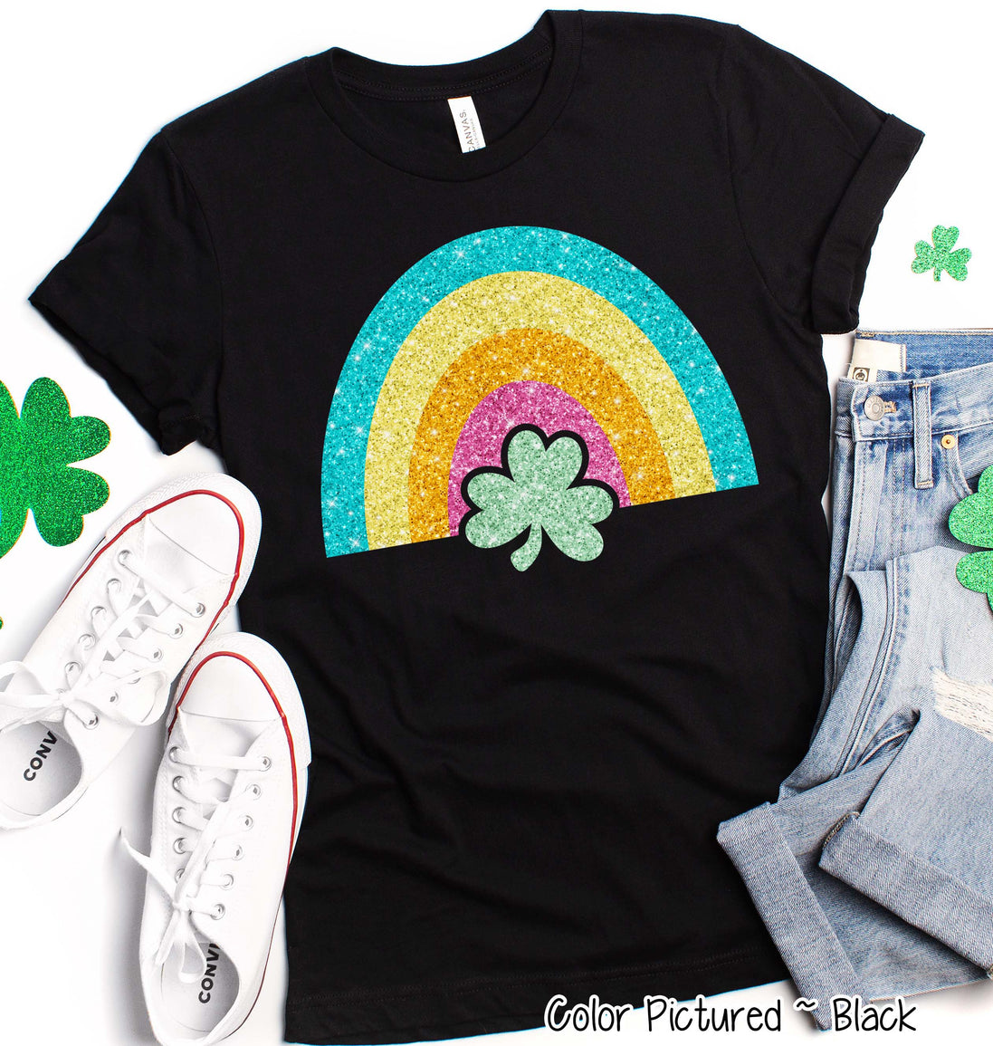 Faux Glitter Rainbow St Patricks Day Tee or Sweatshirt