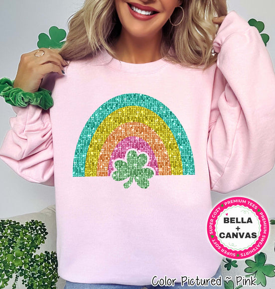 Faux Sequin Rainbow St Patricks Day Tee or Sweatshirt
