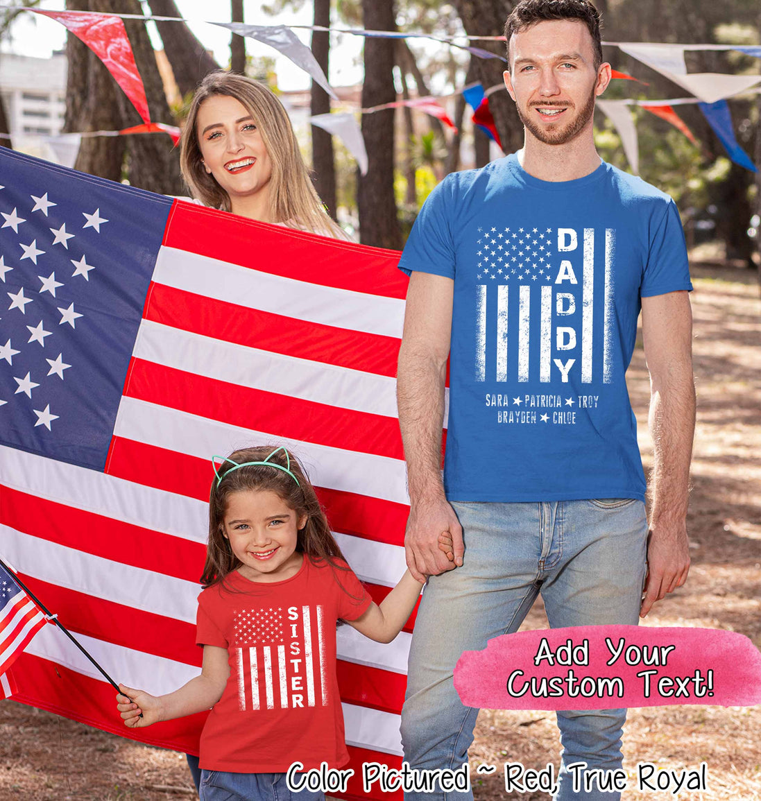 Custom Distressed White Patriotic Flag with Dad, Mom, Grandpa Etc and Kids Names Tee