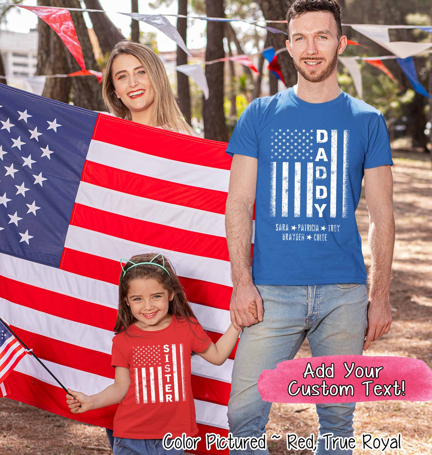 Custom Distressed White Patriotic Flag with Dad, Mom, Grandpa Etc and Kids Names Tee