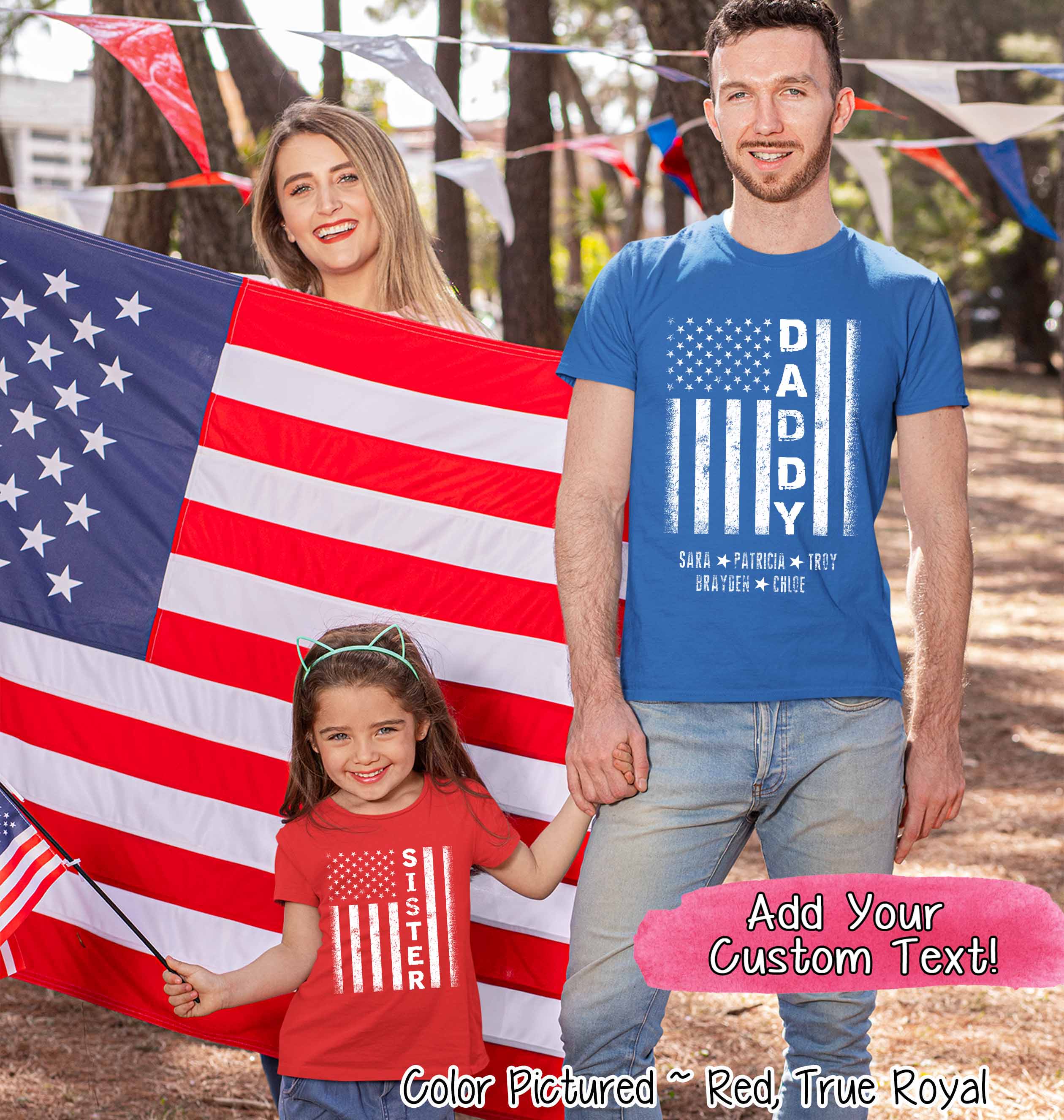 Custom Distressed White Patriotic Flag with Dad, Mom, Grandpa Etc and Kids Names Tee