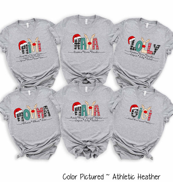 Personalized Christmas Reindeer Names with Kids/Grandkids names Tee or Sweatshirt