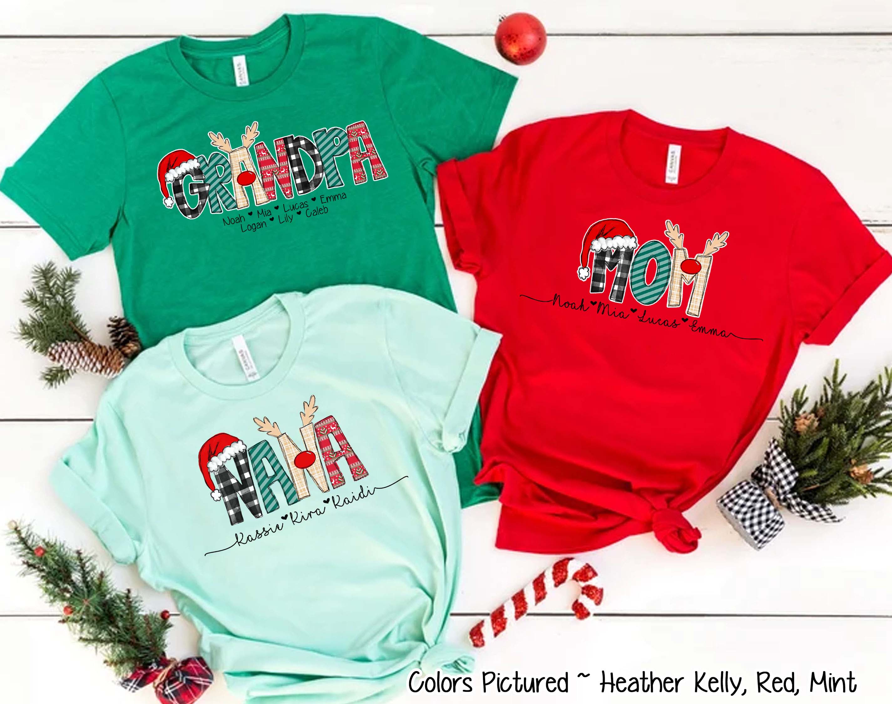 Personalized Christmas Reindeer Names with Kids/Grandkids names Tee or Sweatshirt