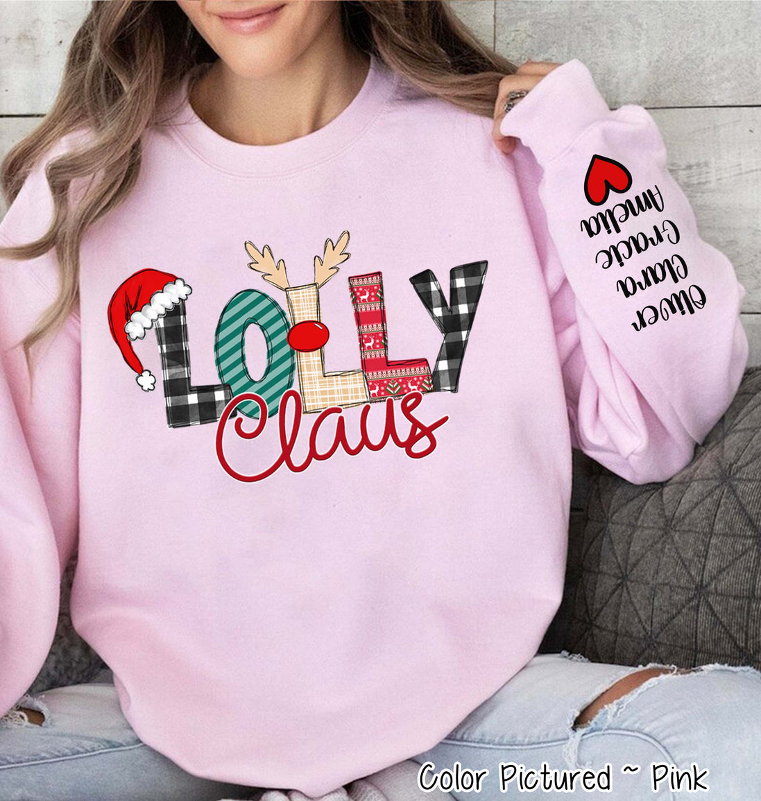 Personalized Christmas Clause Reindeer Names with Kids/Grandkids names on Sleeve Tee or Sweatshirt