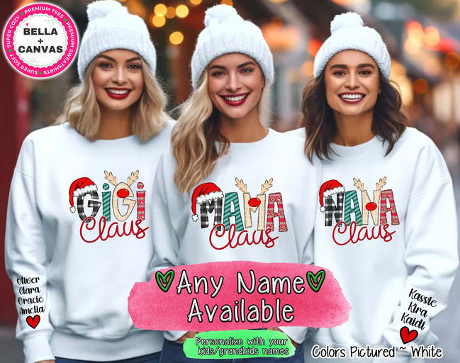 Personalized Christmas Clause Reindeer Names with Kids/Grandkids names on Sleeve Tee or Sweatshirt