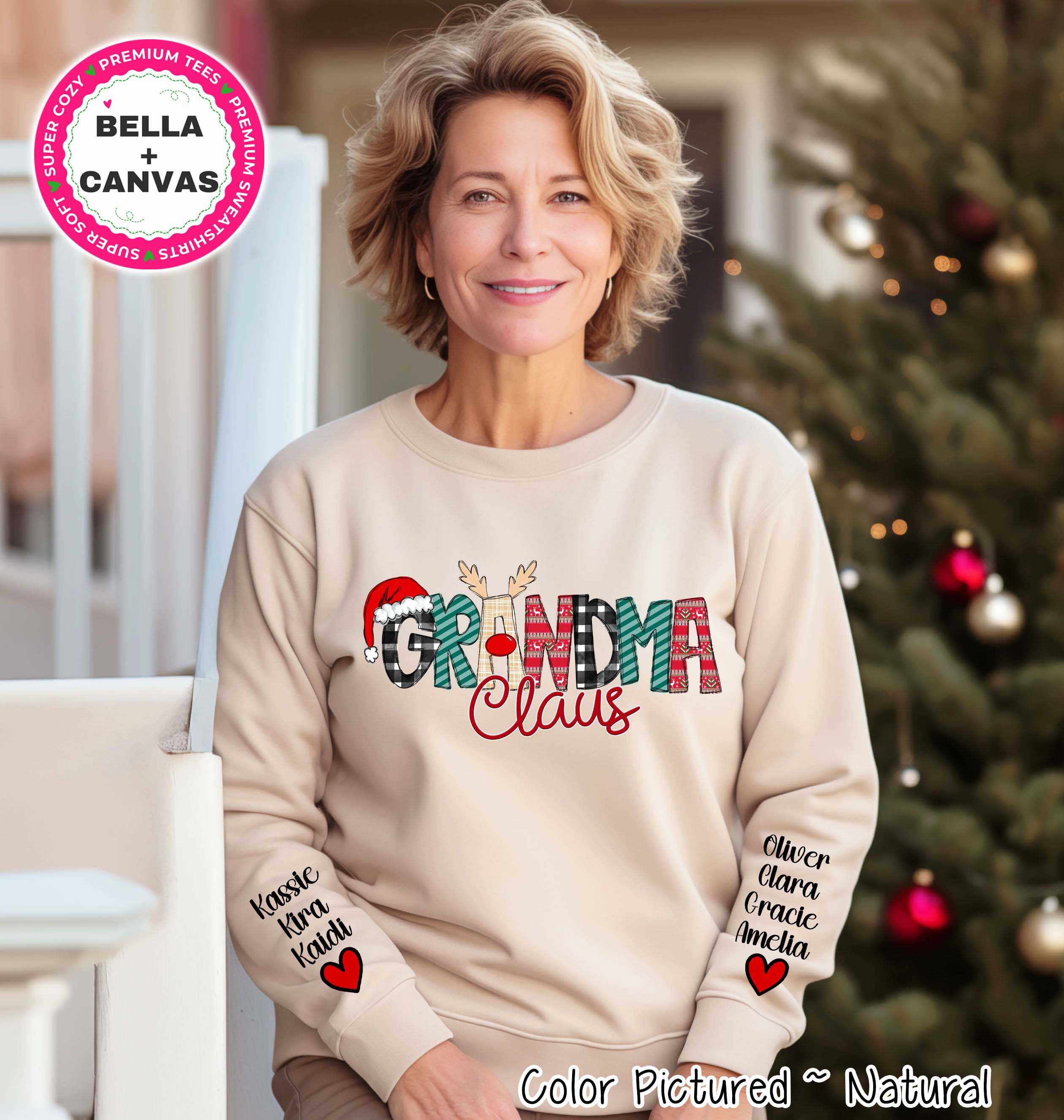Personalized Christmas Clause Reindeer Names with Kids/Grandkids names on Sleeve Tee or Sweatshirt