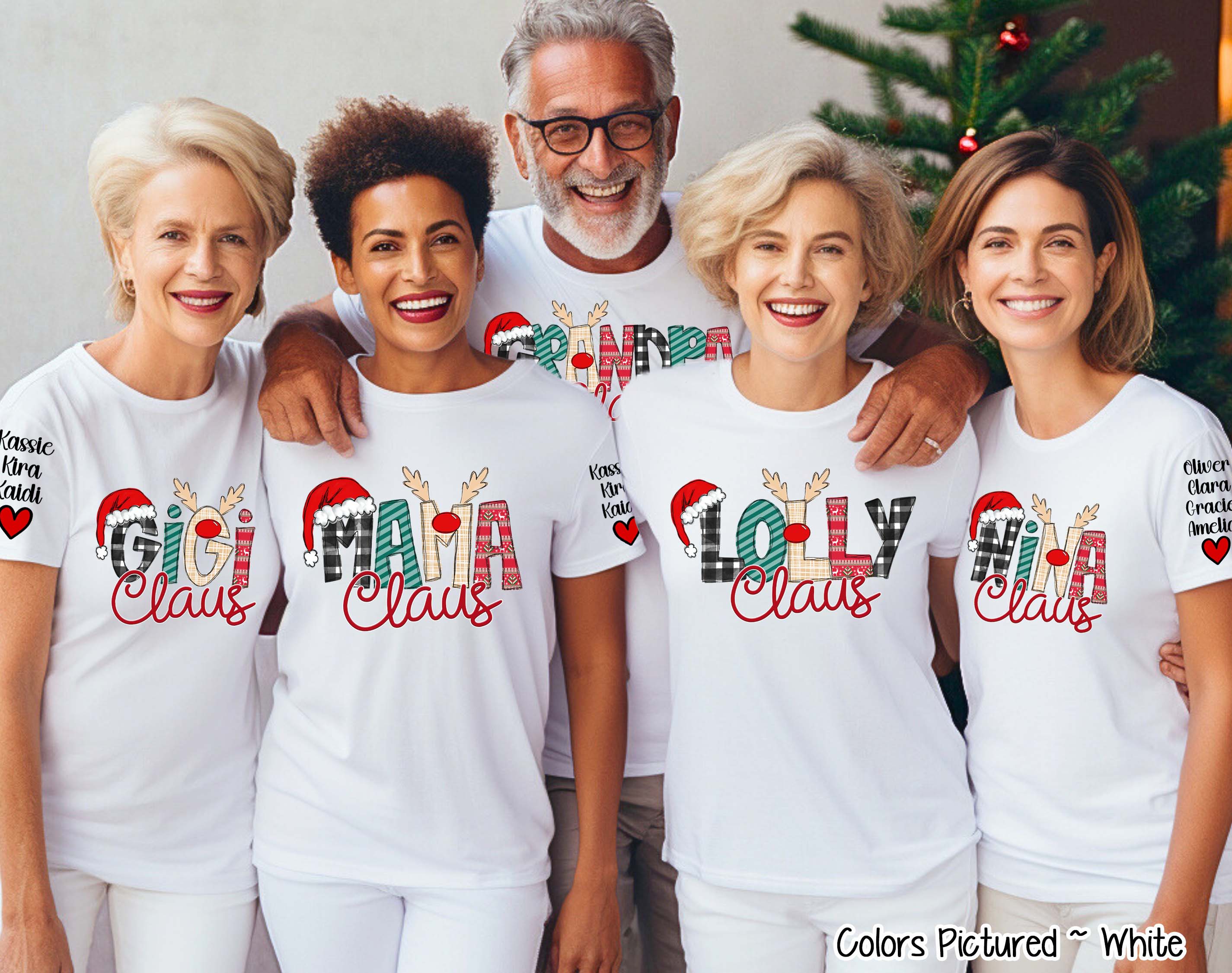 Personalized Christmas Clause Reindeer Names with Kids/Grandkids names on Sleeve Tee or Sweatshirt