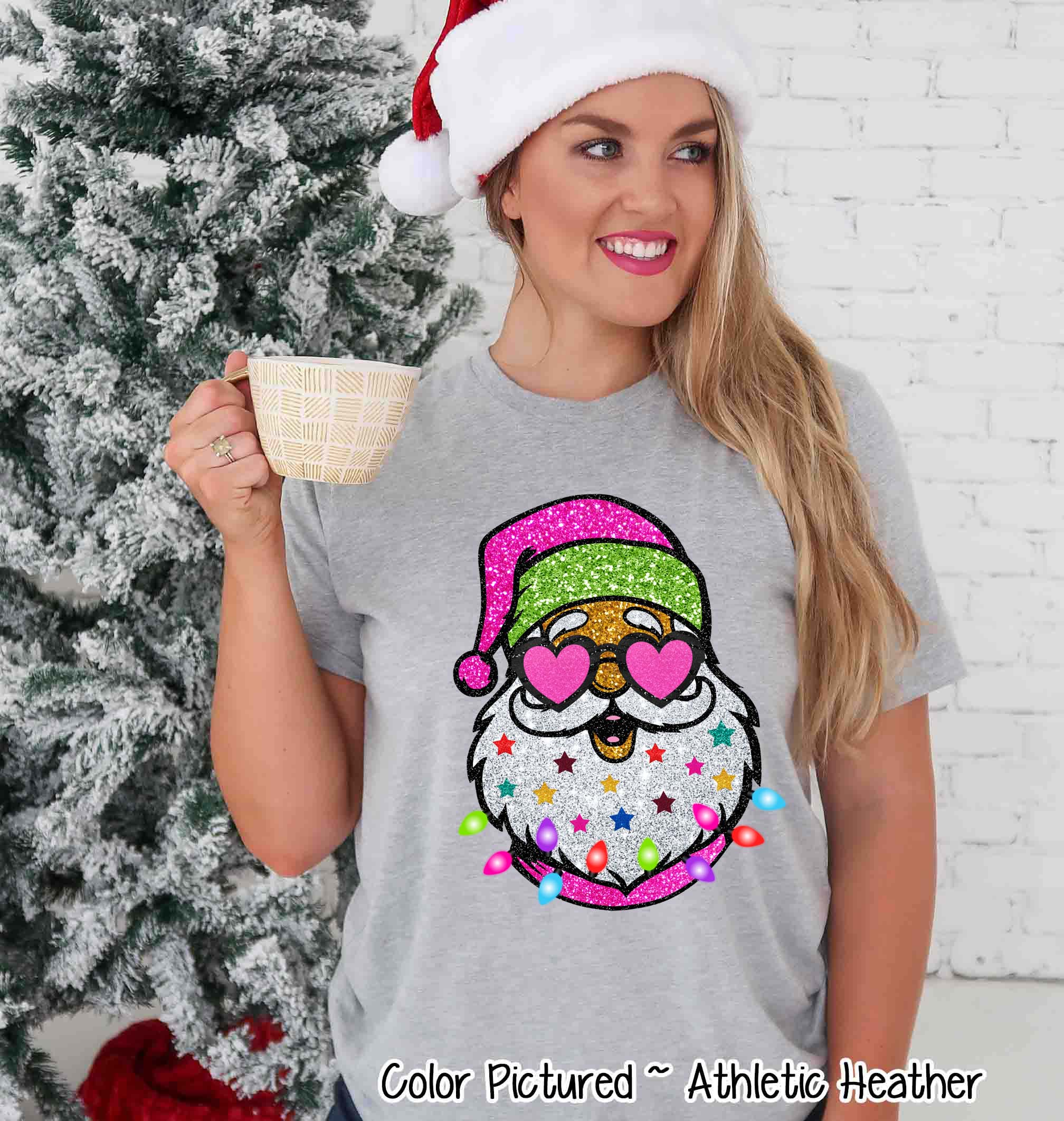 Preppy Glitter Santa Christmas Tee or Sweatshirt