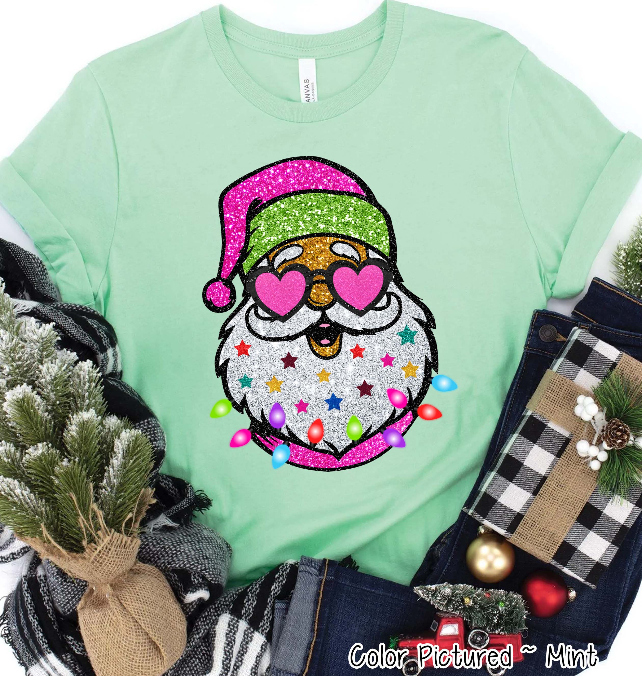 Preppy Glitter Santa Christmas Tee or Sweatshirt