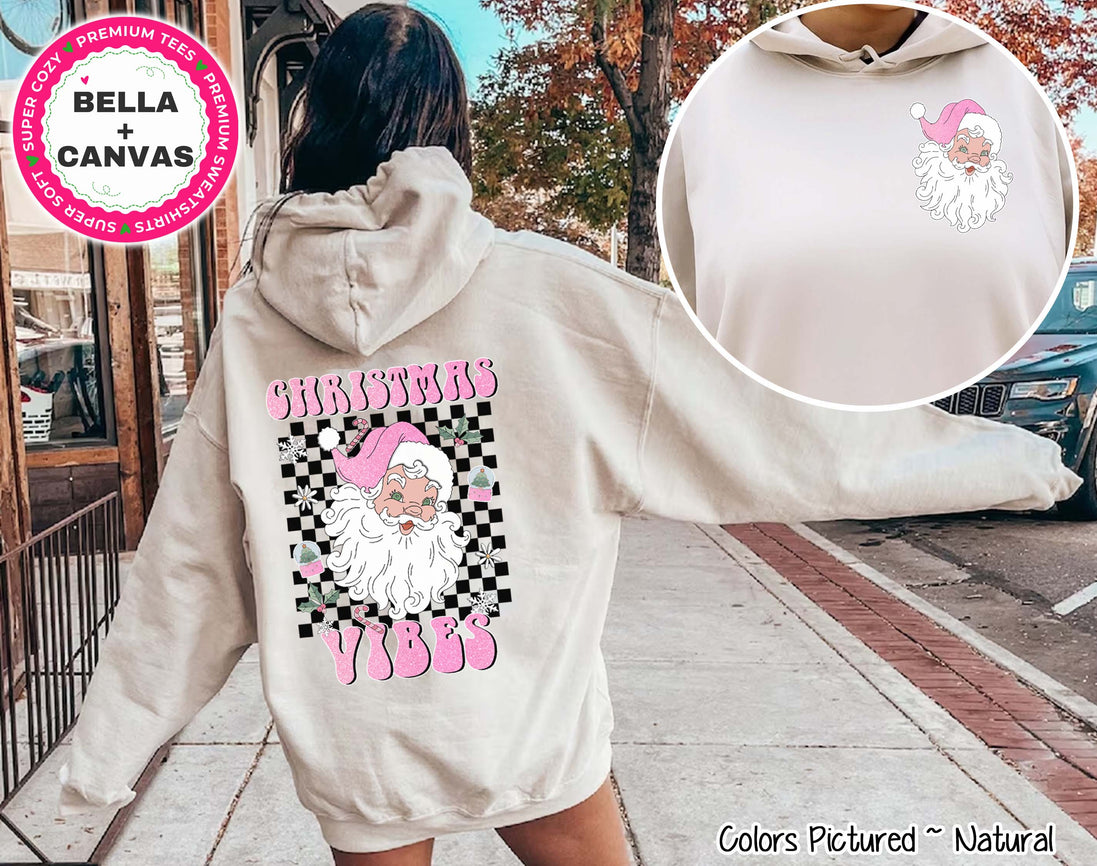 Pink Retro Christmas Vibes Santa 2 Sided Tee or Sweatshirt