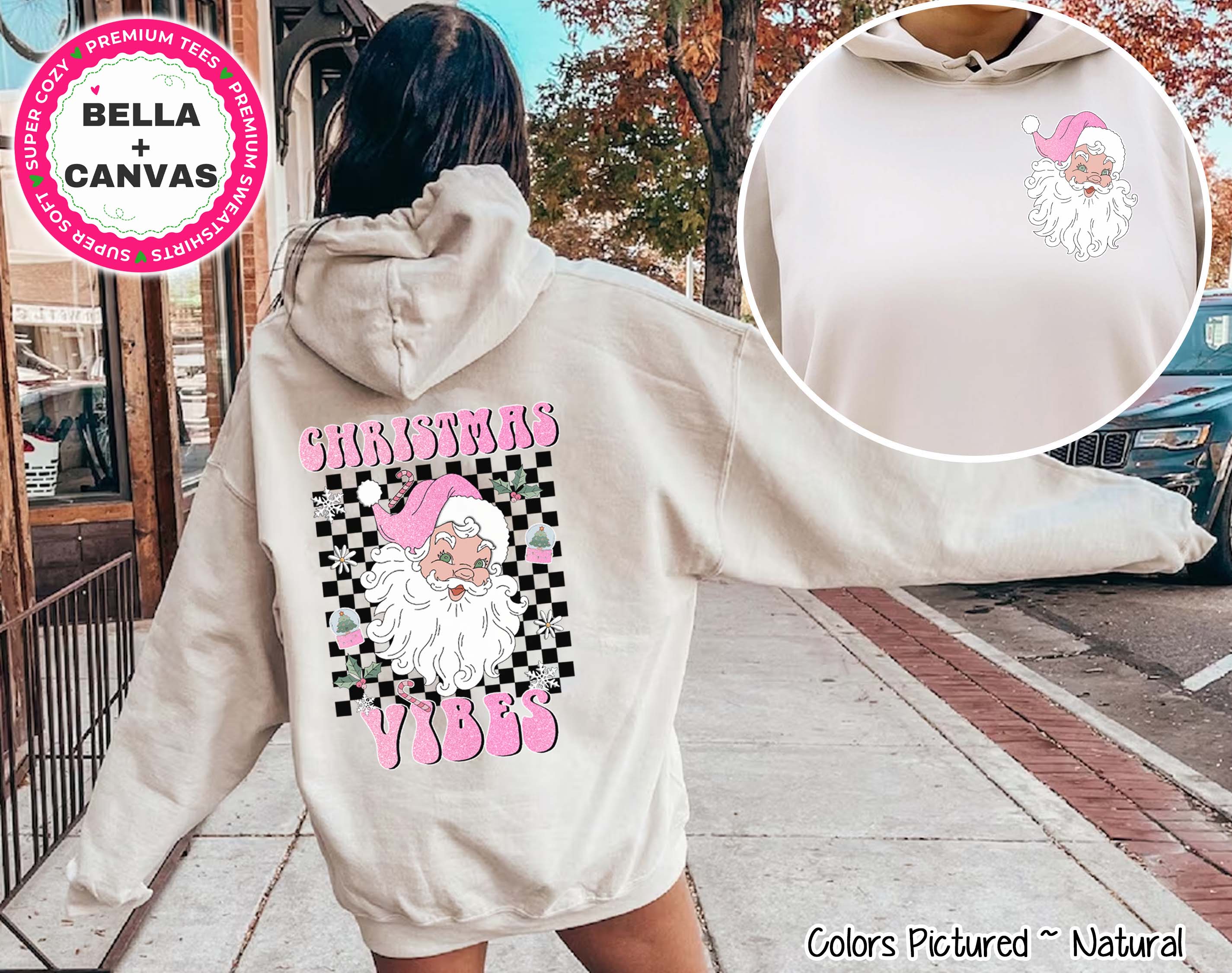 Pink Retro Christmas Vibes Santa 2 Sided Tee or Sweatshirt
