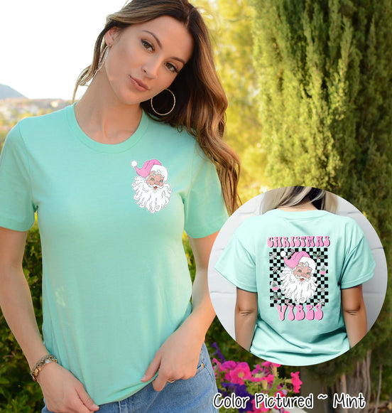Pink Retro Christmas Vibes Santa 2 Sided Tee or Sweatshirt