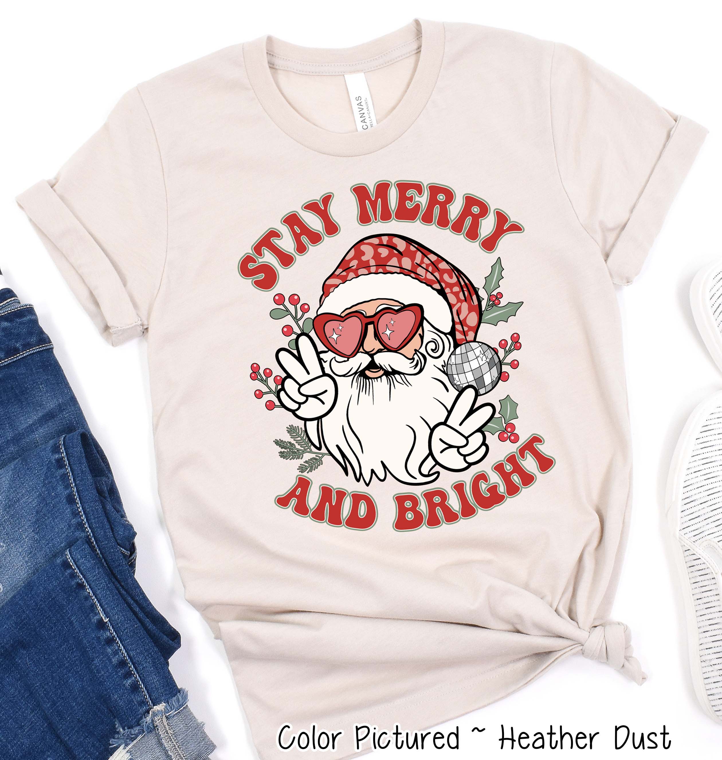 Stay Merry & Bright Preppy Santa Christmas Tee or Sweatshirt