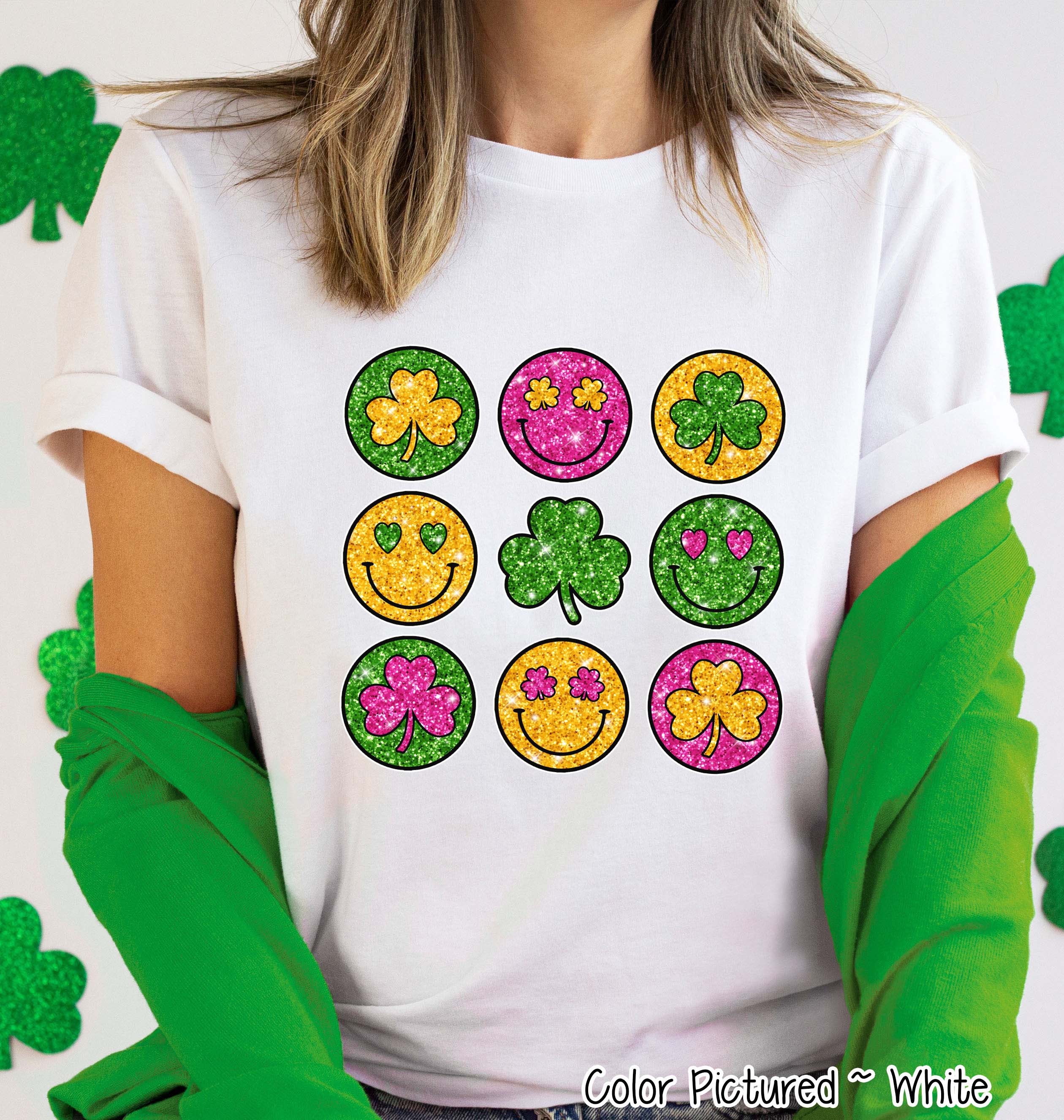 Smiles and Shamrock Faux Glitter St Patricks Day Tee or Sweatshirt