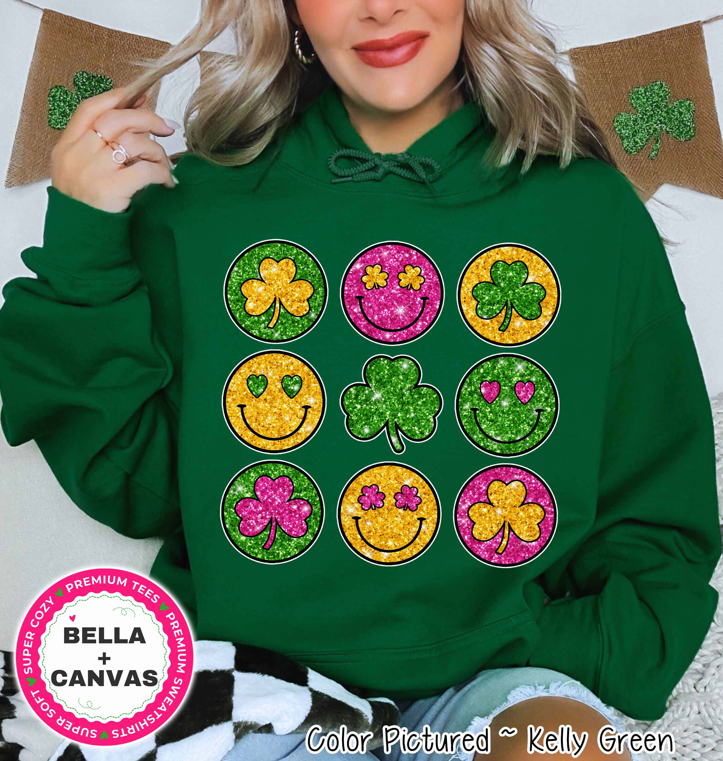 Smiles and Shamrock Faux Glitter St Patricks Day Tee or Sweatshirt