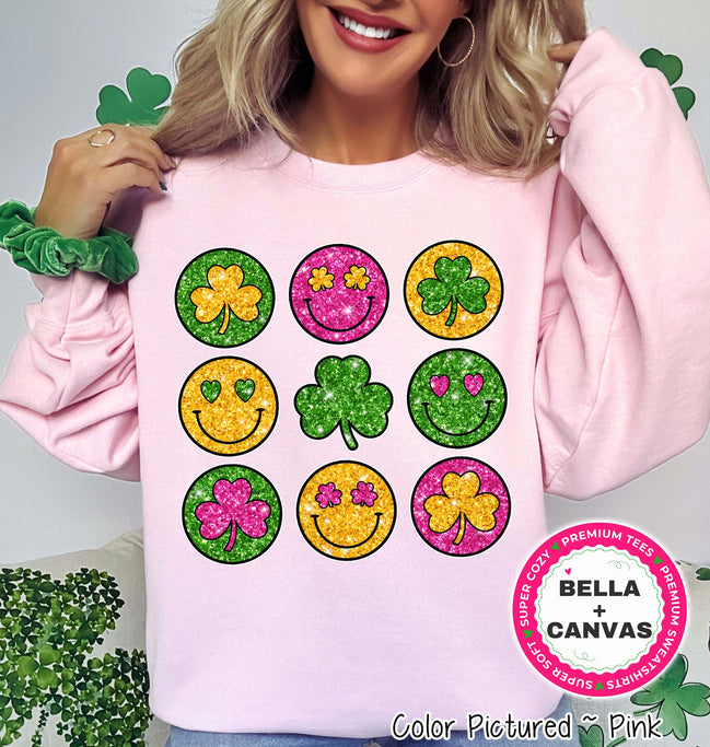 Smiles and Shamrock Faux Glitter St Patricks Day Tee or Sweatshirt