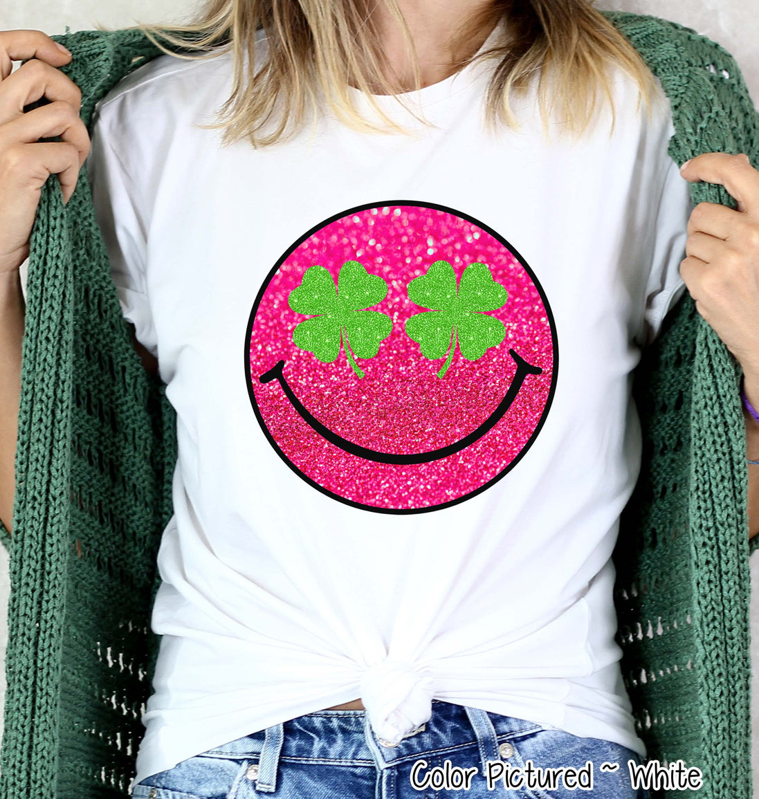 Faux Glitter Pink Smile St Patricks Day Tee or Sweatshirt