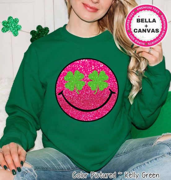 Faux Glitter Pink Smile St Patricks Day Tee or Sweatshirt