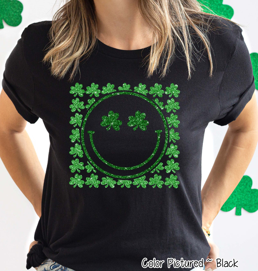 Faux Glitter Green Clover Smile St Patricks Day Tee or Sweatshirt