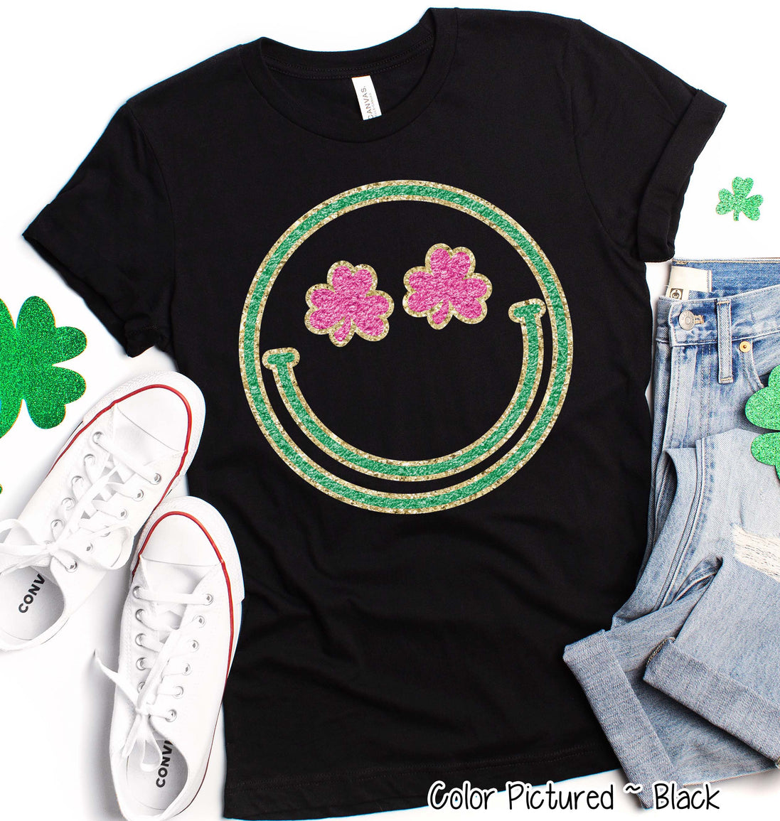 Faux Chenille Smile Face St Patricks Day Tee or Sweatshirt