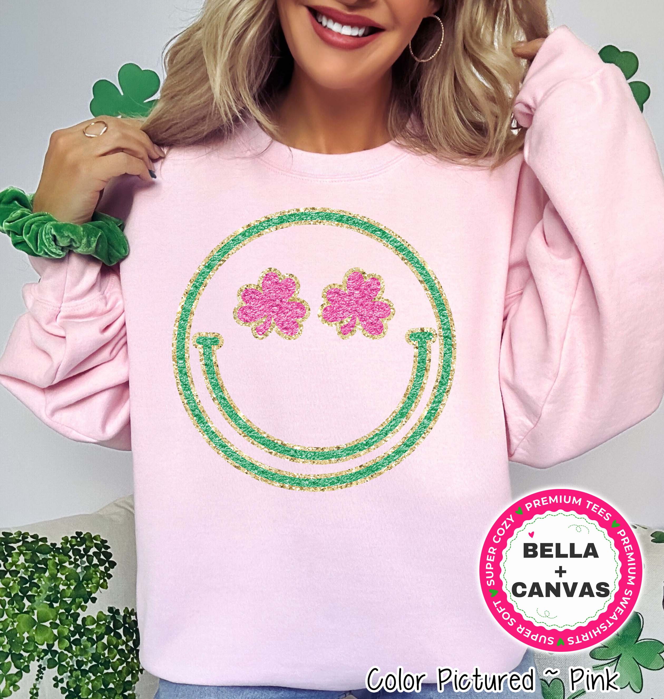 Faux Chenille Smile Face St Patricks Day Tee or Sweatshirt