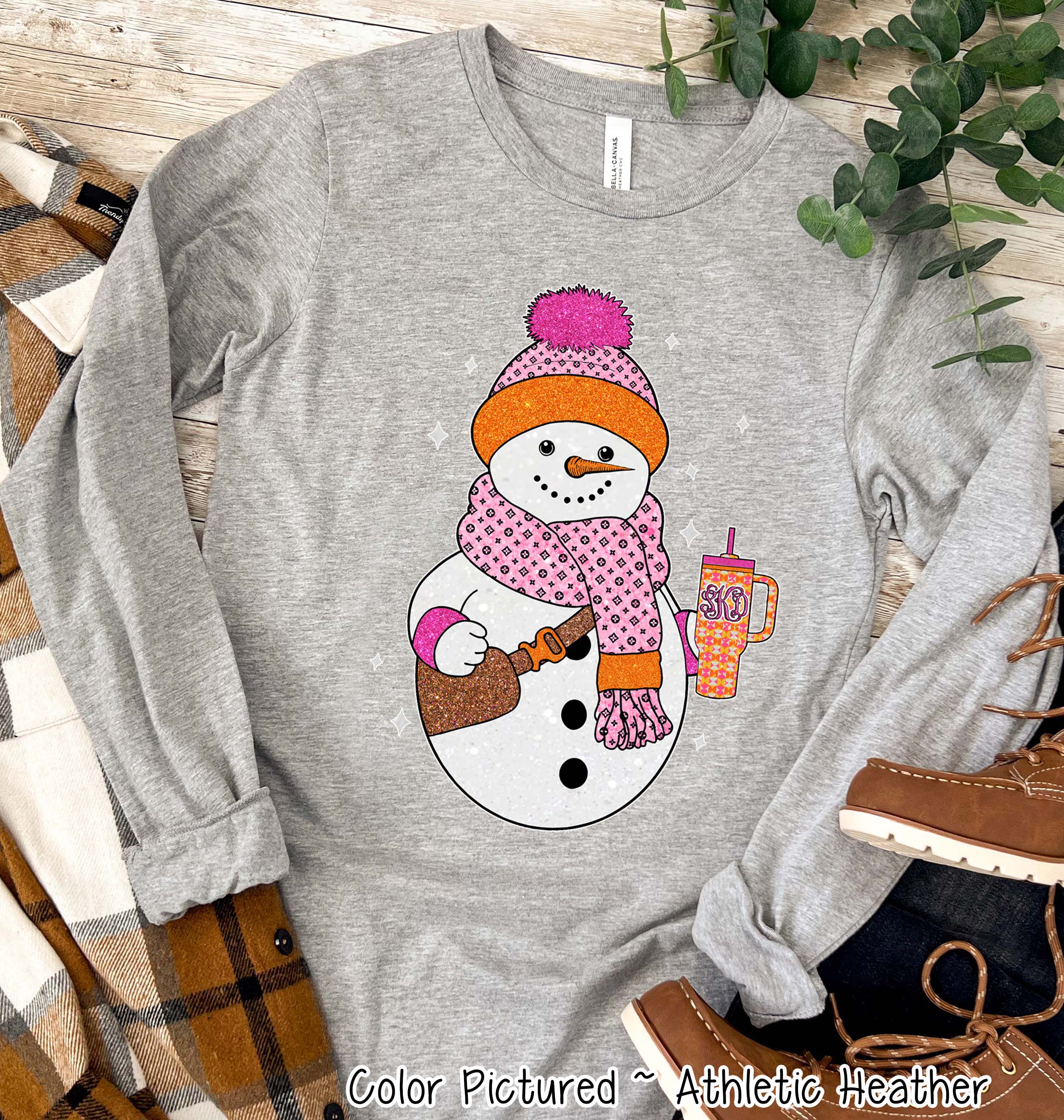 Monogram Snowman with Crossbody and Cup Winter Tee or Sweatshirt