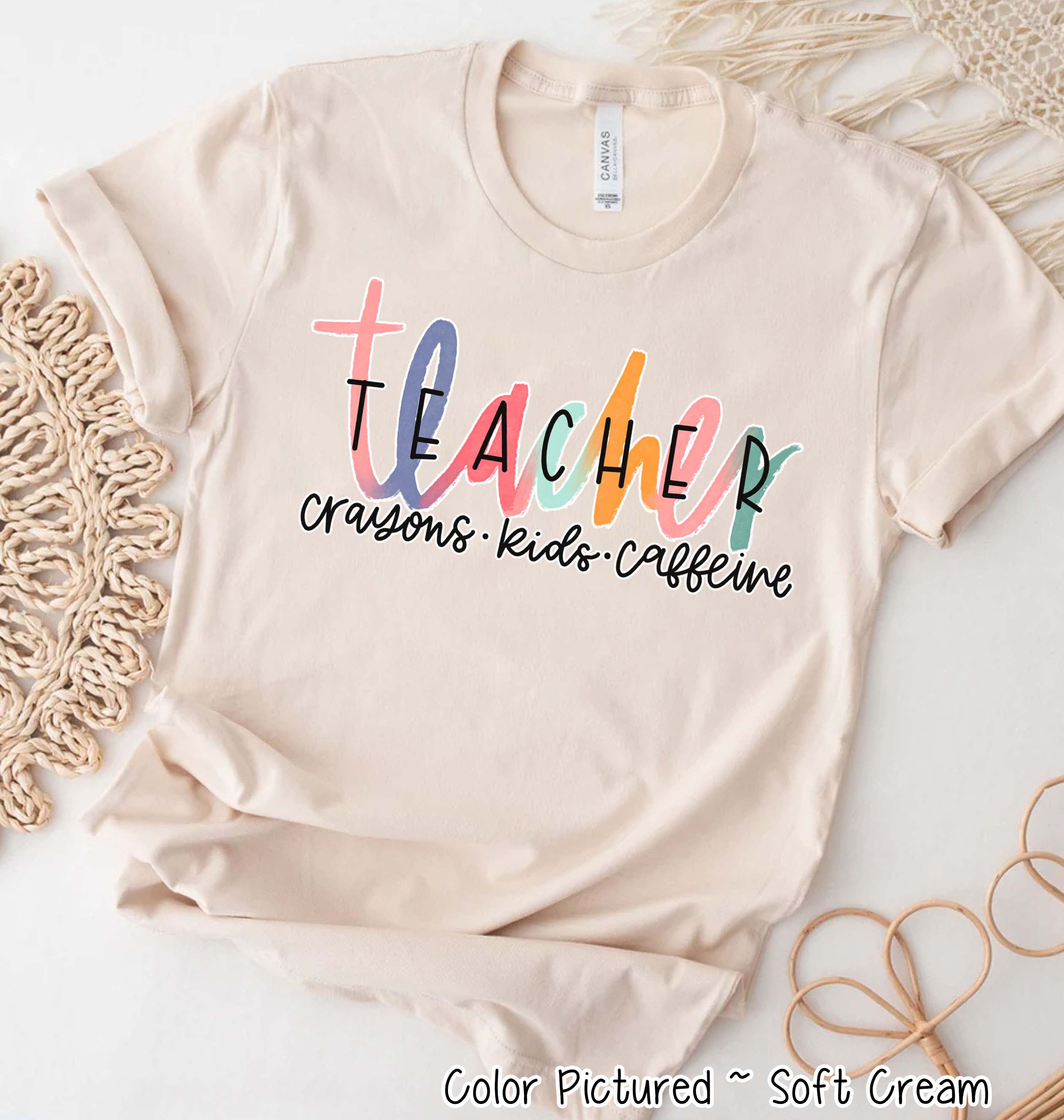 Teacher Colorful Crayons Kids and Caffeine Tee
